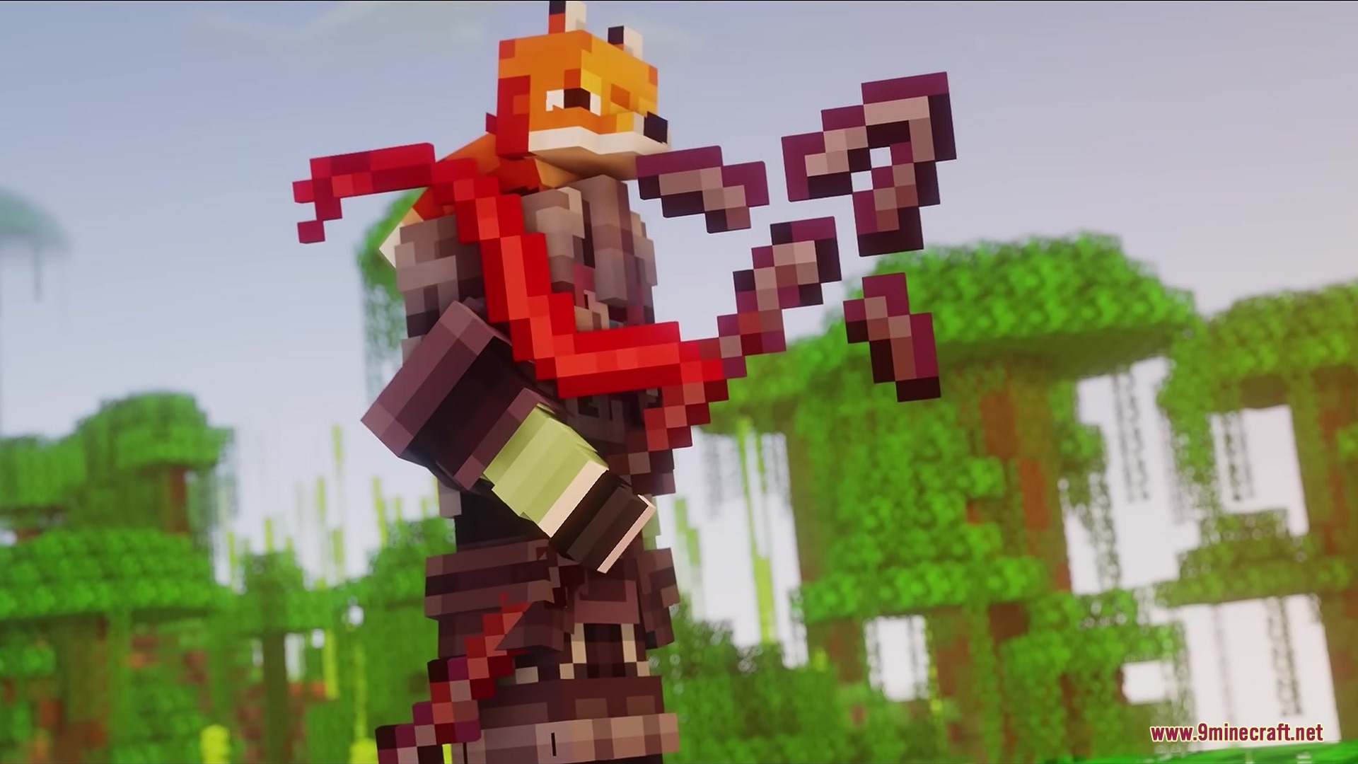 Box's Flag Spear Resource Pack Screenshot 1 A character with a fox hat wielding a red medieval flag spear