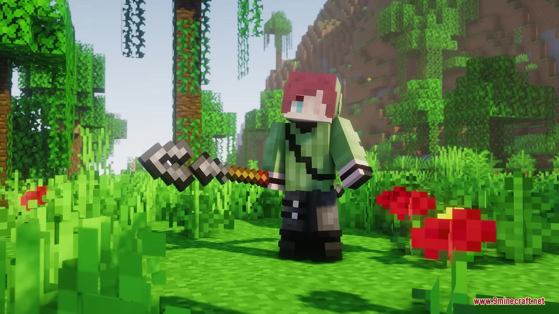 Box's Flag Spear Resource Pack Screenshot 2 Red haired character standing with a medieval flag spear in the jungle