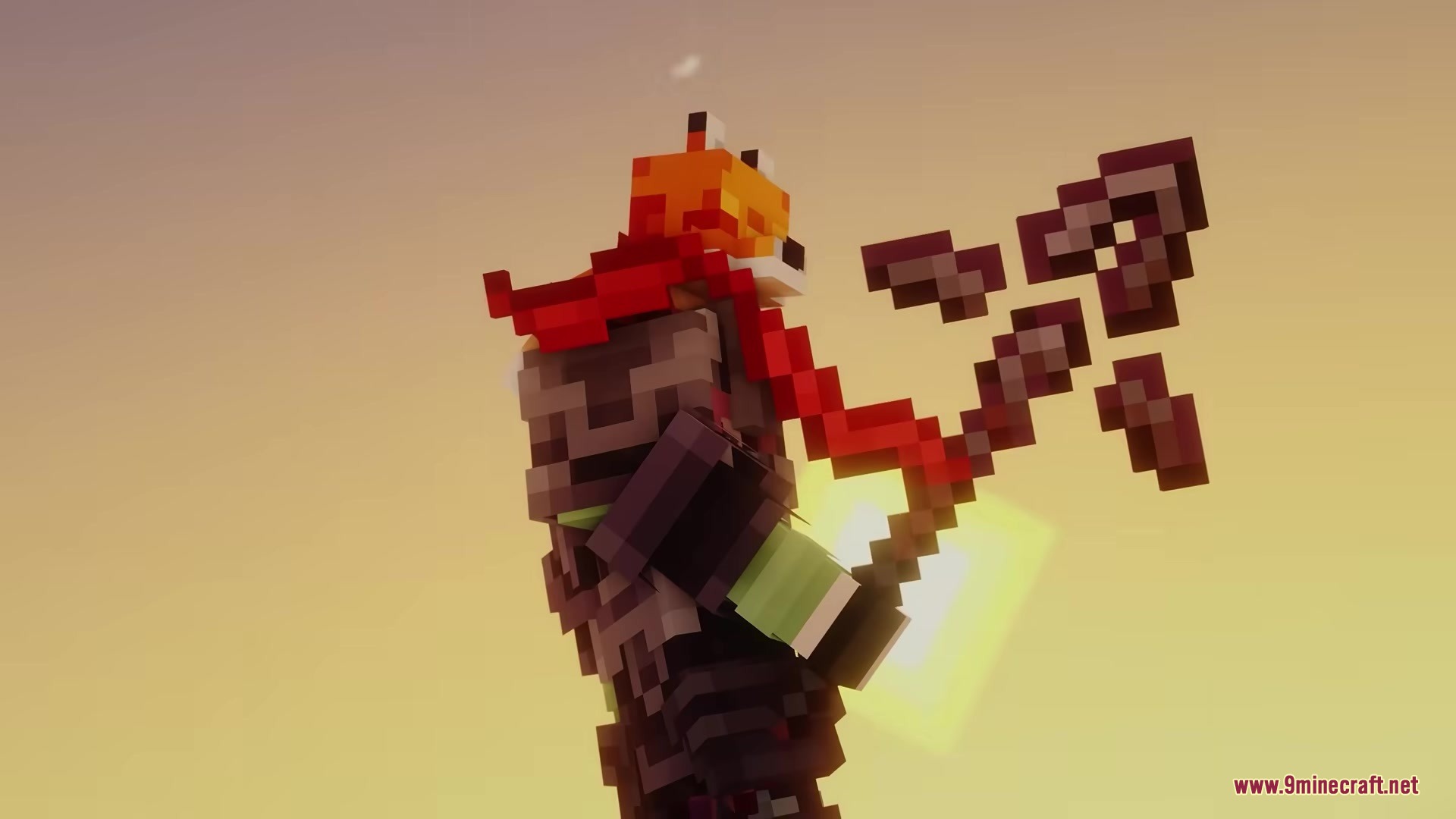 Box's Flag Spear Resource Pack Screenshot 3 A character holding a long medieval spear with a flowing red flag at sunset