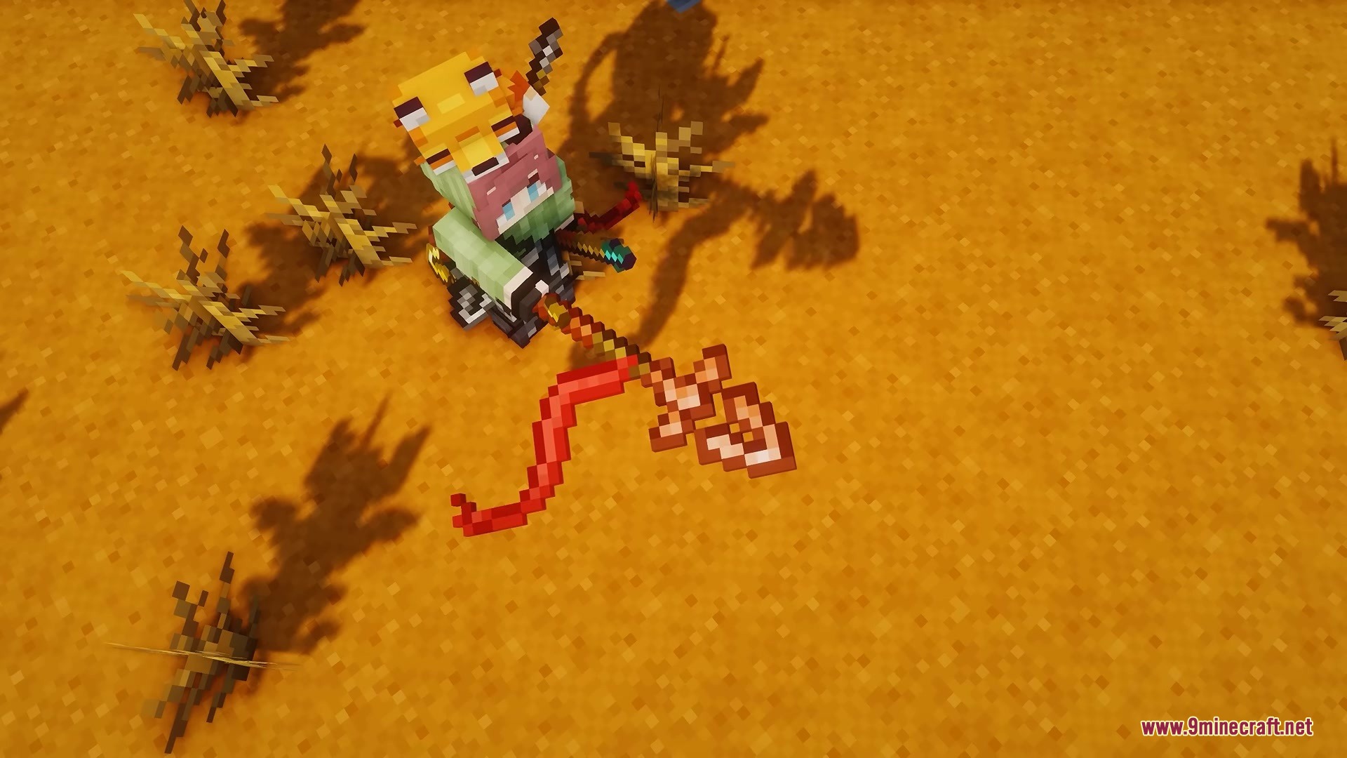 Box's Flag Spear Resource Pack Screenshot 4 Top down view of a character holding a flag spear in a desert biome