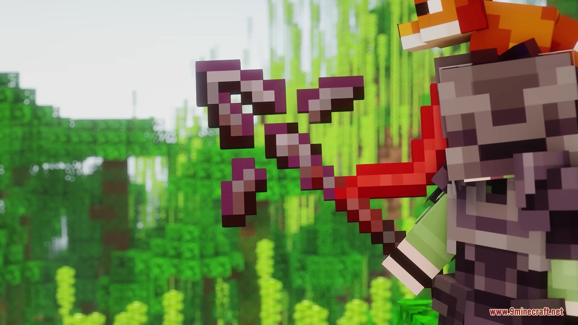 Box's Flag Spear Resource Pack Screenshot 5 A Minecraft player holding a medieval spear with a flowing red flag
