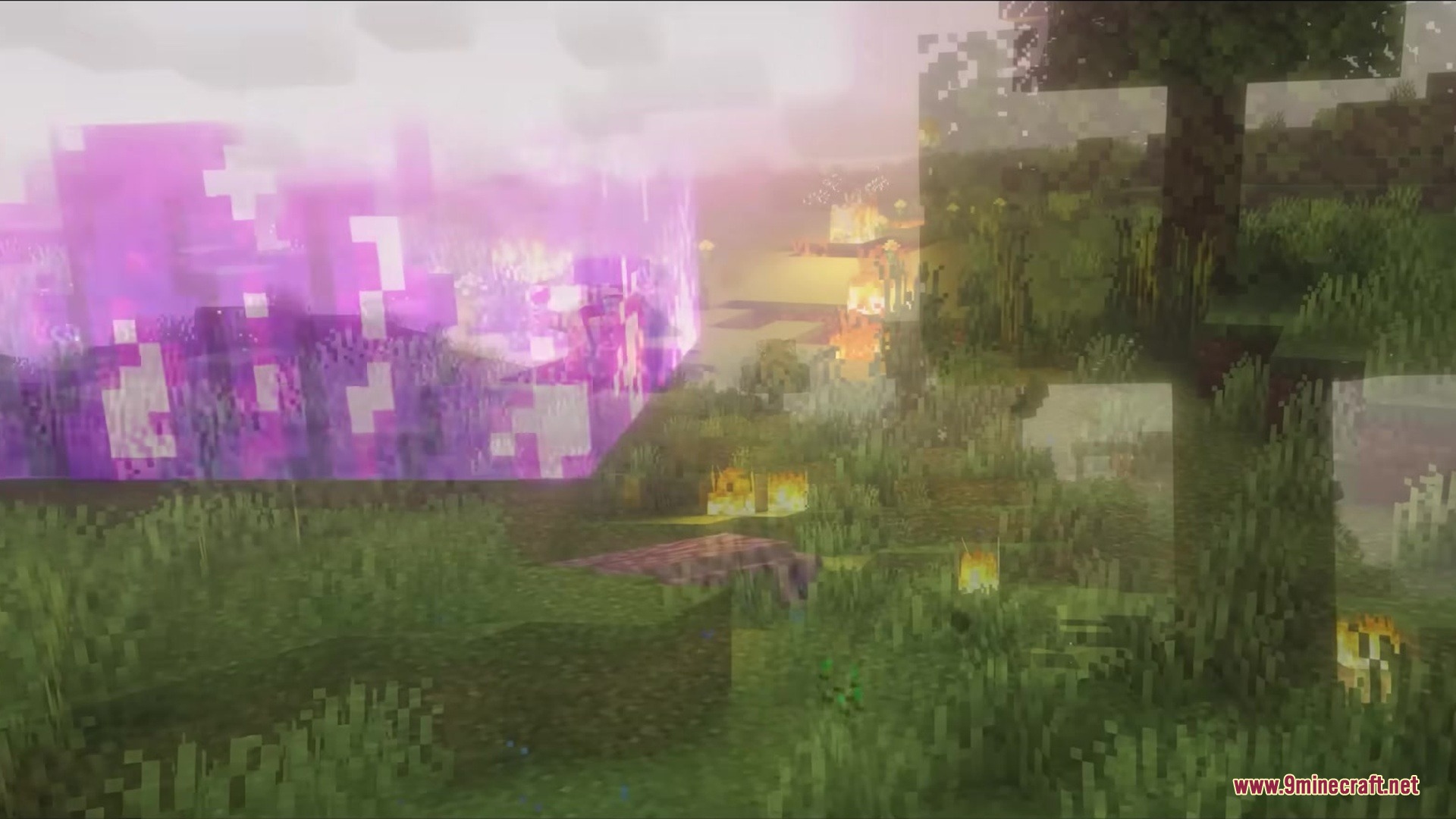 Brainium Mod Screenshot 10 A massive purple energy field spreads across the landscape with scattered fires