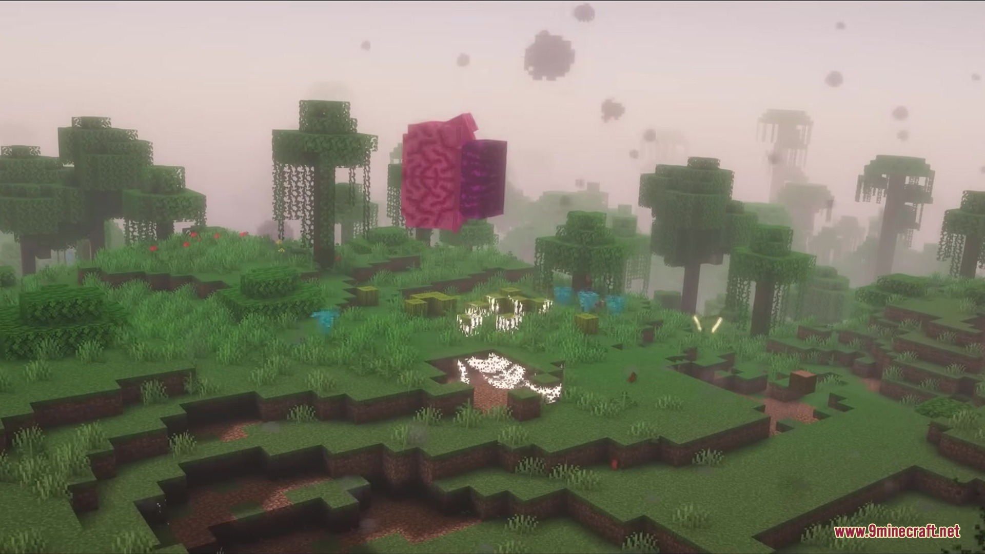 Brainium Mod Screenshot 11 A floating pink brain structure hovers over a foggy green Minecraft landscape