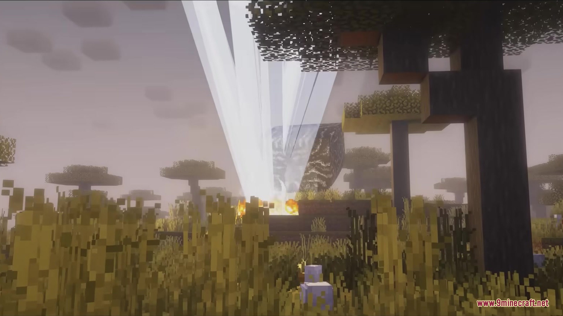 Brainium Mod Screenshot 12 Intense white light beams strike the ground near a massive dark boss entity
