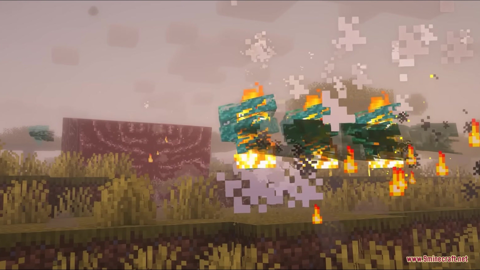 Brainium Mod Screenshot 14 Burning infected mobs floating near a large red alien structure