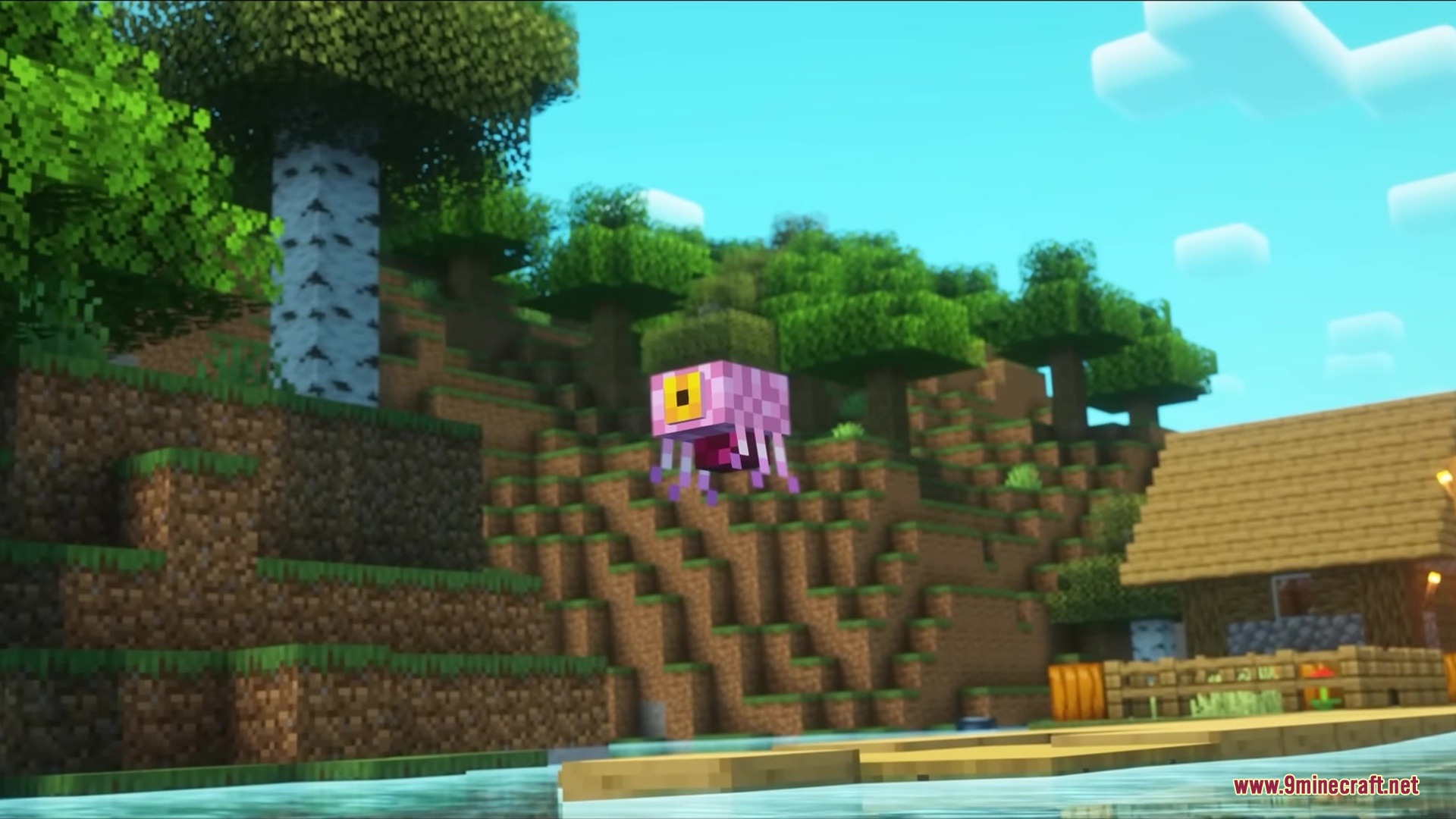 Brainium Mod Screenshot 2 Small pink parasite with one eye floats near a village house