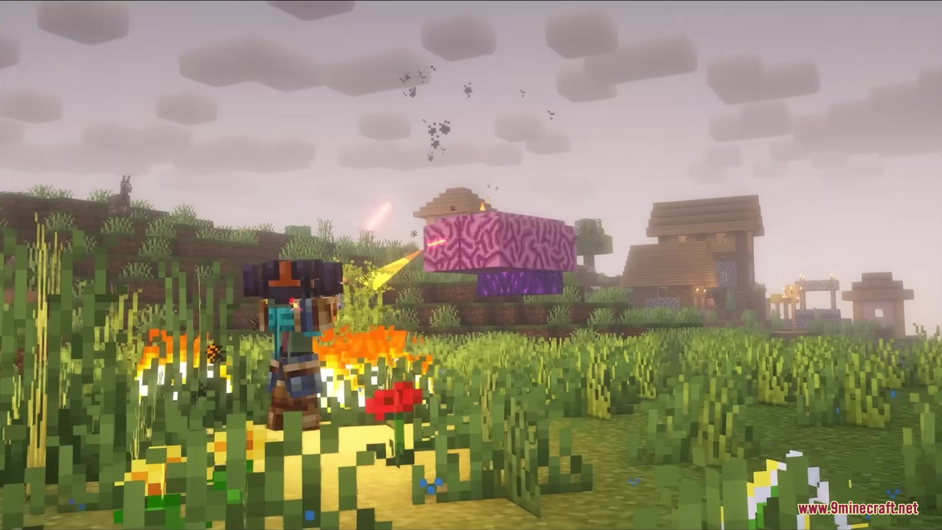 Brainium Mod Screenshot 7 Player watches a massive purple brain boss floating near a village settlement