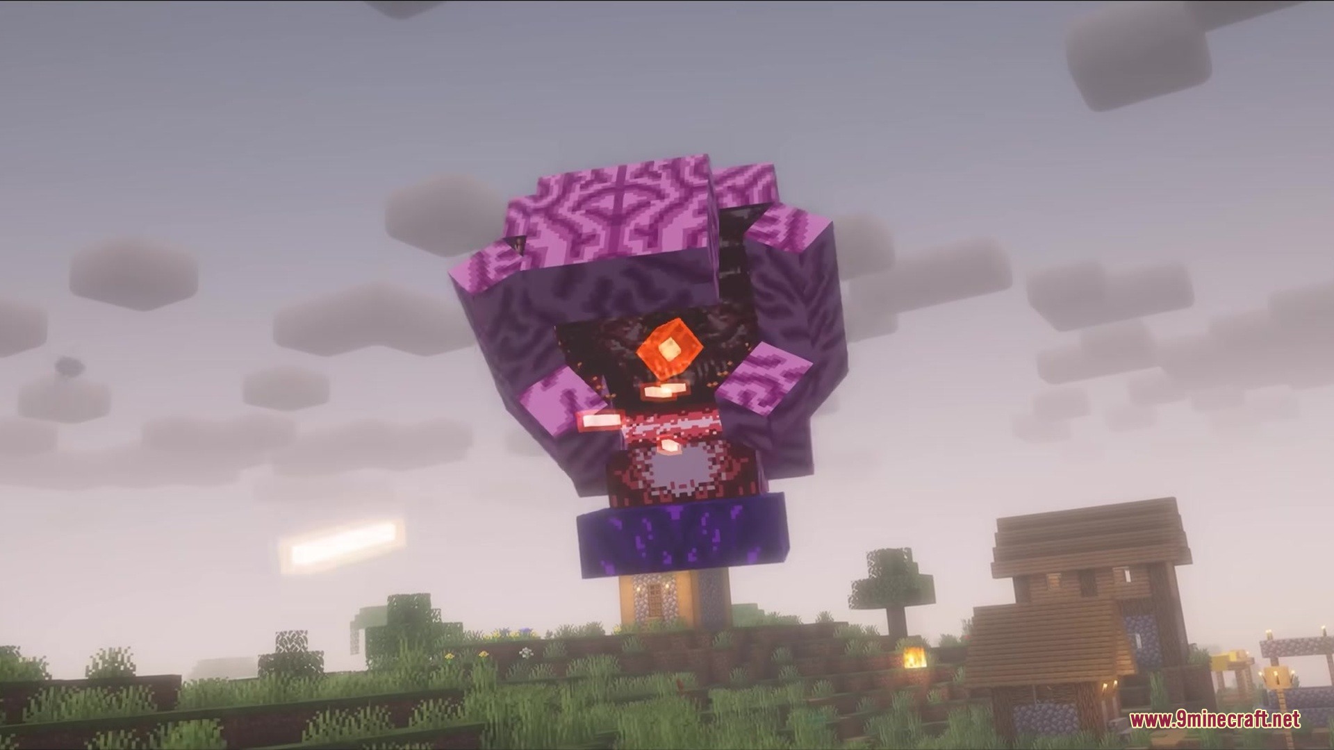 Brainium Mod Screenshot 8 A giant purple brain monster with a glowing eye hovers over houses