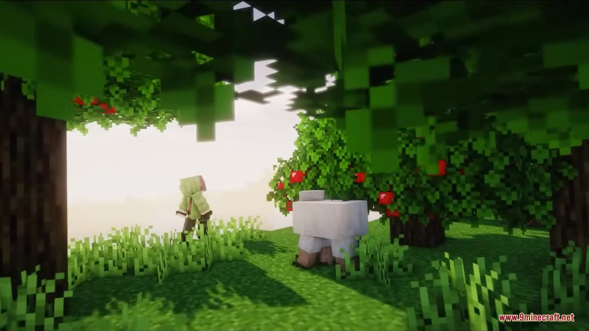 Bray's World a Vanilla Experience Resource Pack Screenshot 1 A player in green stands near a white sheep under red apple trees