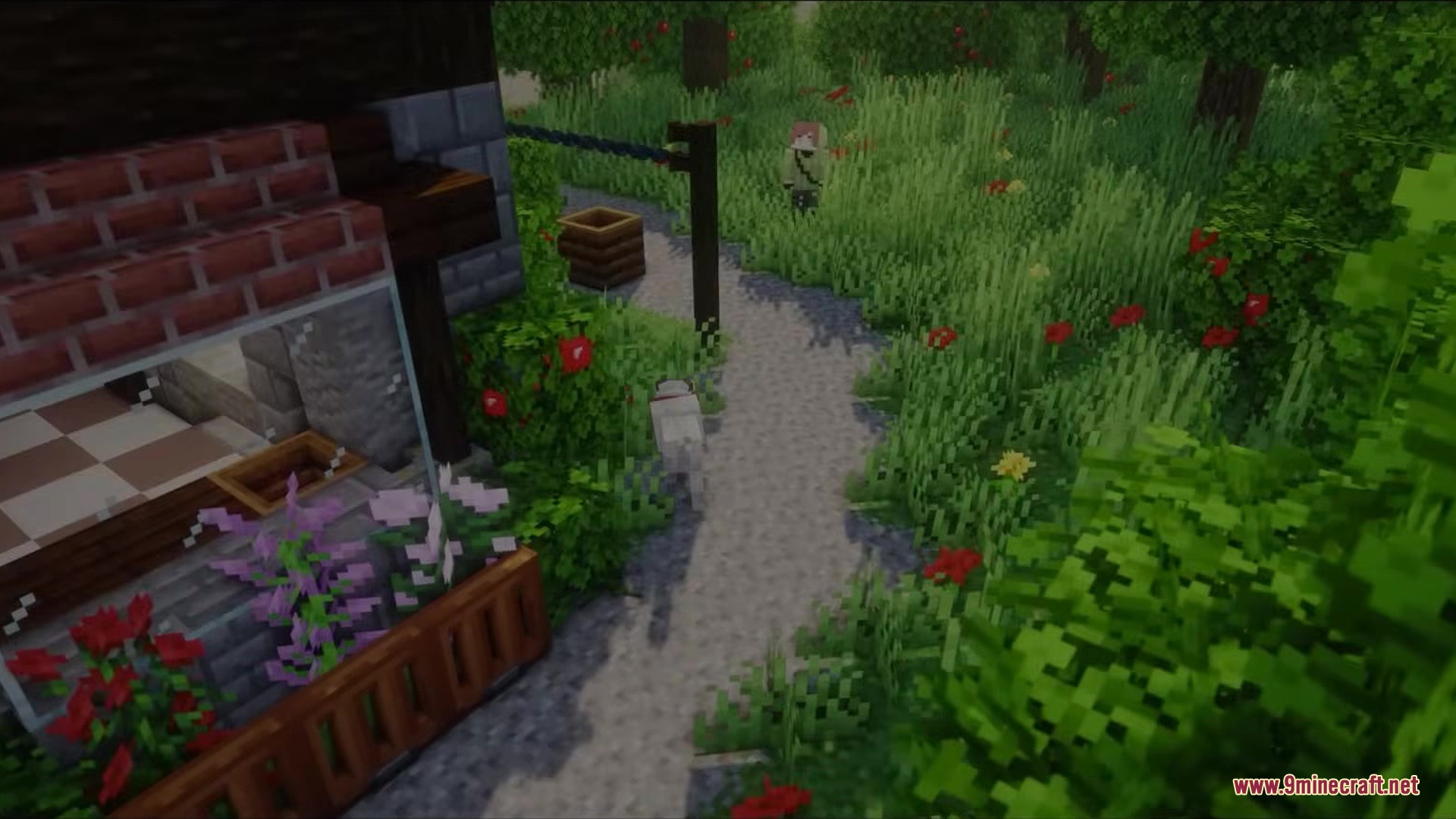 Bray's World a Vanilla Experience Resource Pack Screenshot 3 A player and their dog walk along a path near a flowery house