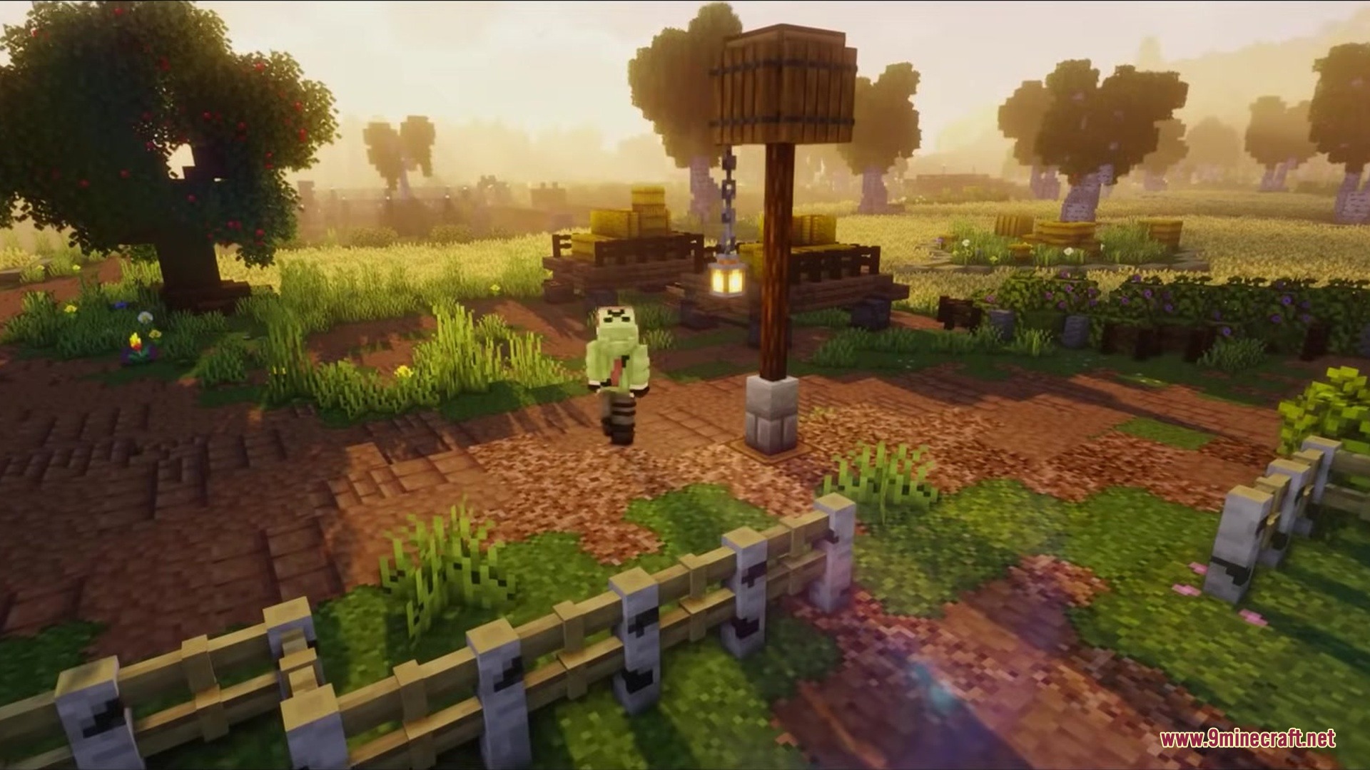 Bray's World a Vanilla Experience Resource Pack Screenshot 5 A player standing on a dirt path near a wooden lamppost and fence
