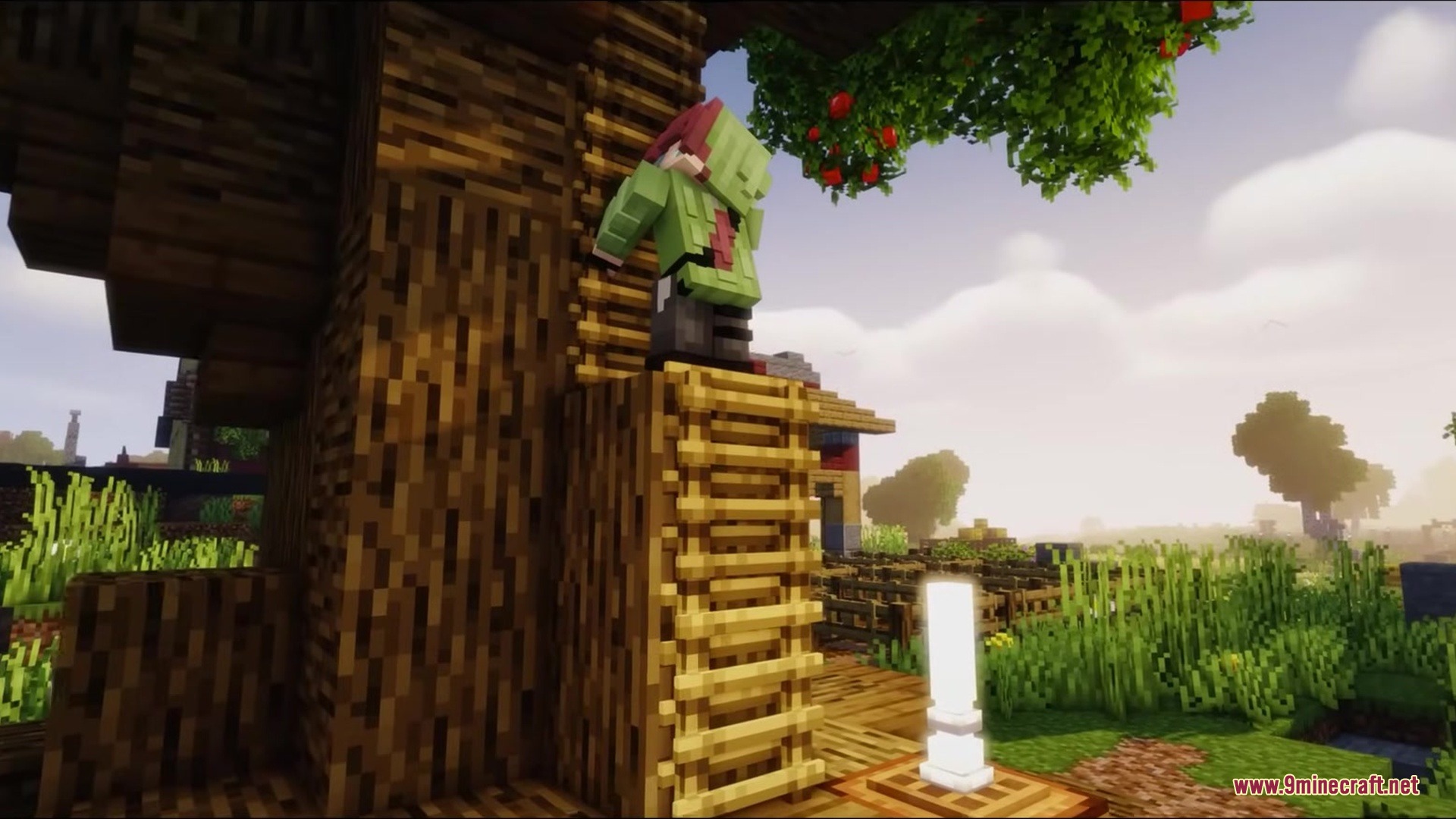 Bray's World a Vanilla Experience Resource Pack Screenshot 6 A player climbing a wooden ladder next to a tree with red apples