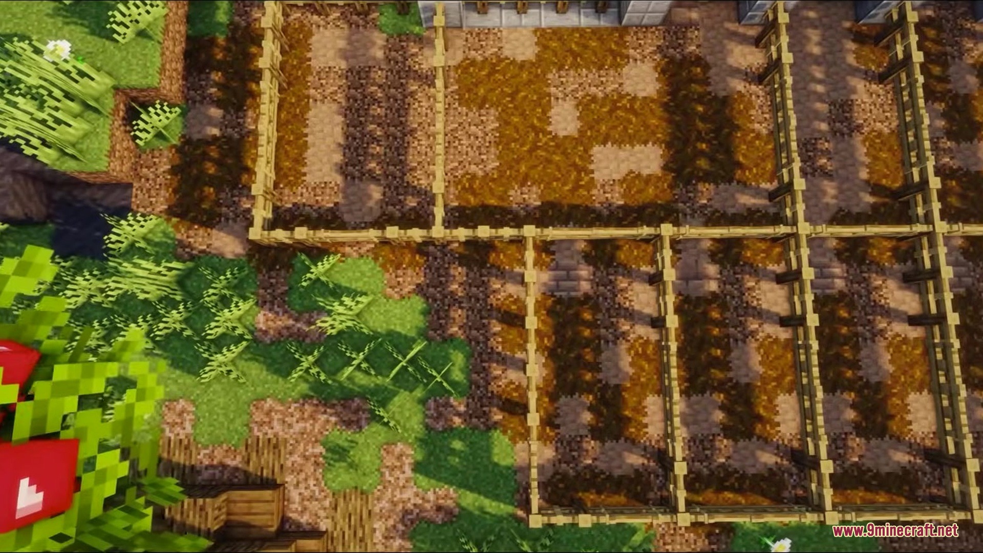 Bray's World a Vanilla Experience Resource Pack Screenshot 8 Top down view of a farm with wooden fences and tilled soil