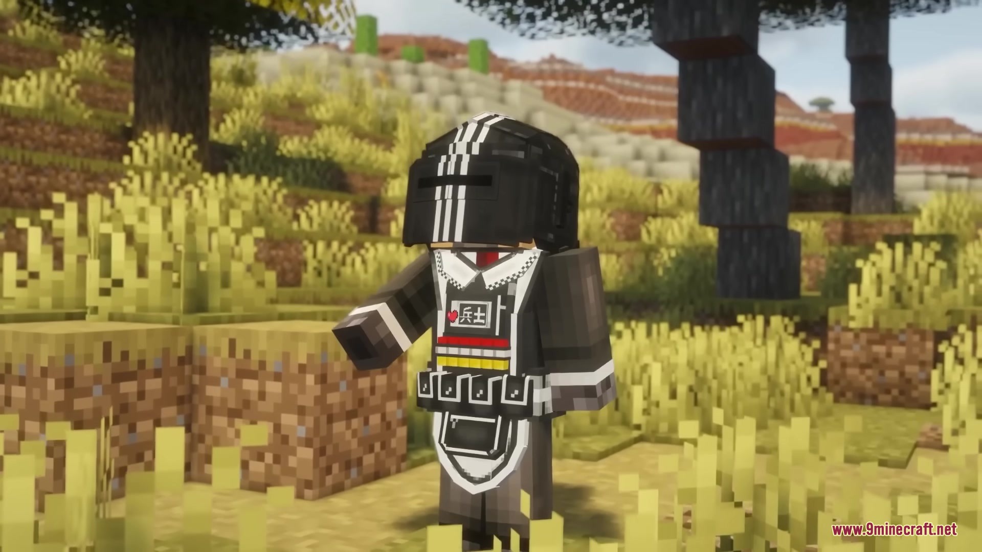 Brimm Armors Tactical Military Armors Mod Screenshot 10 A Minecraft player wearing black tactical armor with white stripes in a savanna biome
