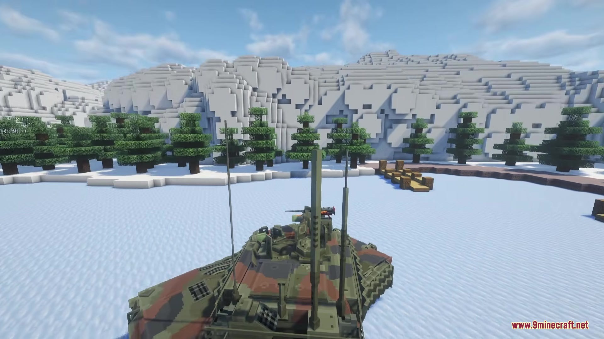Brimm Armors Tactical Military Armors Mod Screenshot 11 A camouflage tank parked on a frozen lake near a pine forest