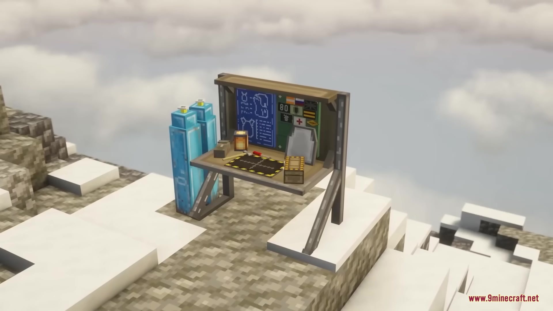 Brimm Armors Tactical Military Armors Mod Screenshot 3 A specialized tactical workbench with blueprints and tools on a snowy mountain