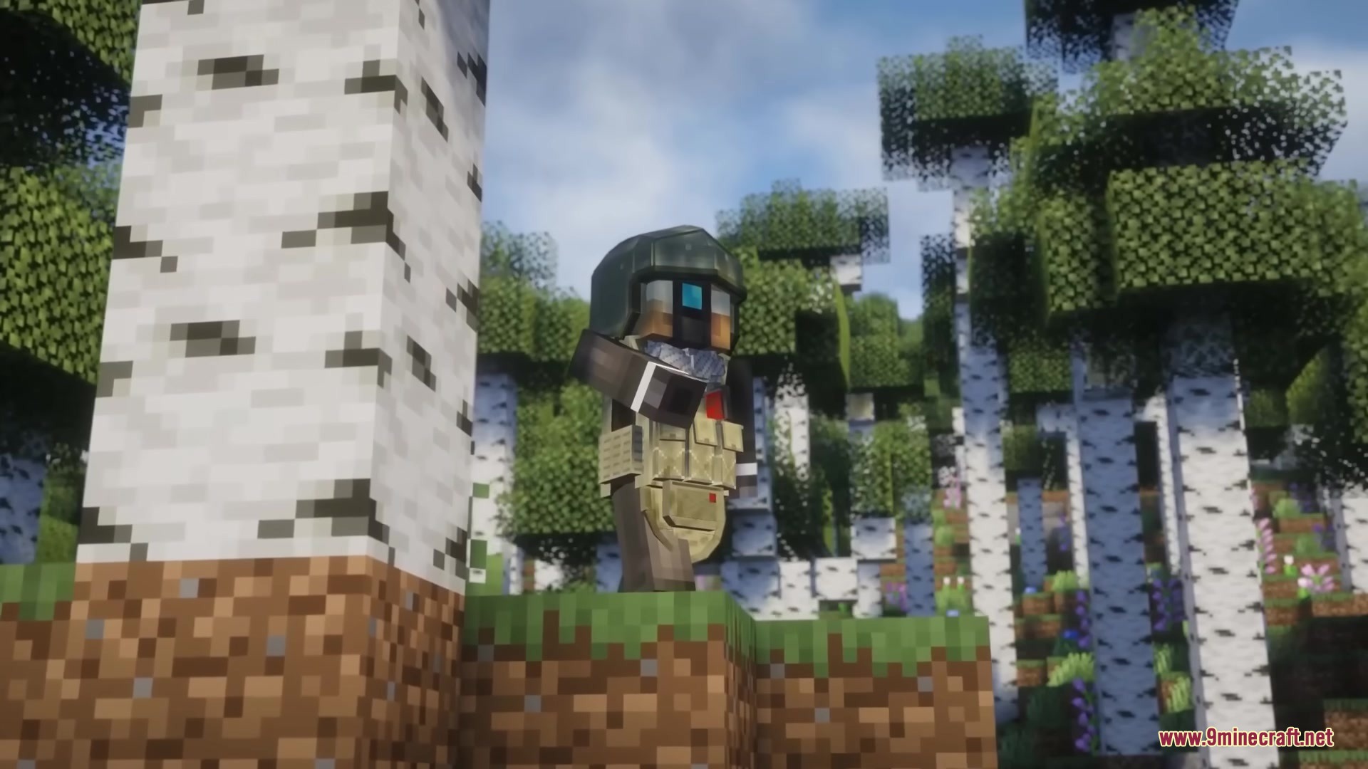 Brimm Armors Tactical Military Armors Mod Screenshot 4 A player wearing detailed military tactical armor standing in a birch forest