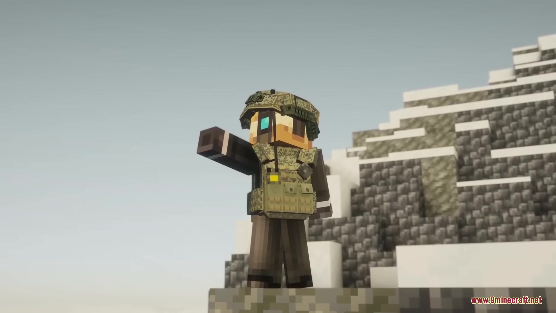 Brimm Armors Tactical Military Armors Mod Screenshot 5 Minecraft soldier in camouflage gear pointing forward while standing on a snowy mountain