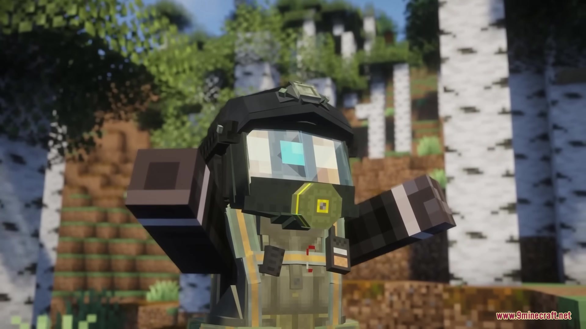 Brimm Armors Tactical Military Armors Mod Screenshot 6 Minecraft character wearing a detailed tactical helmet and gas mask in a forest