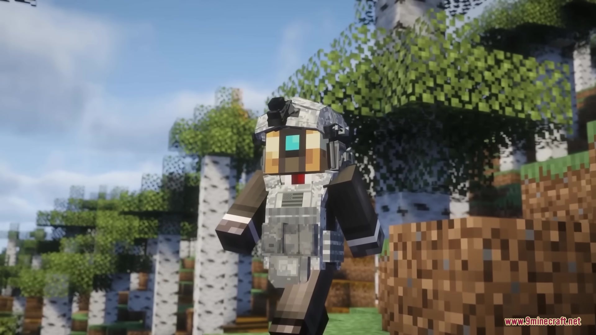 Brimm Armors Tactical Military Armors Mod Screenshot 7 Minecraft character wearing camouflage tactical armor walking through a birch forest