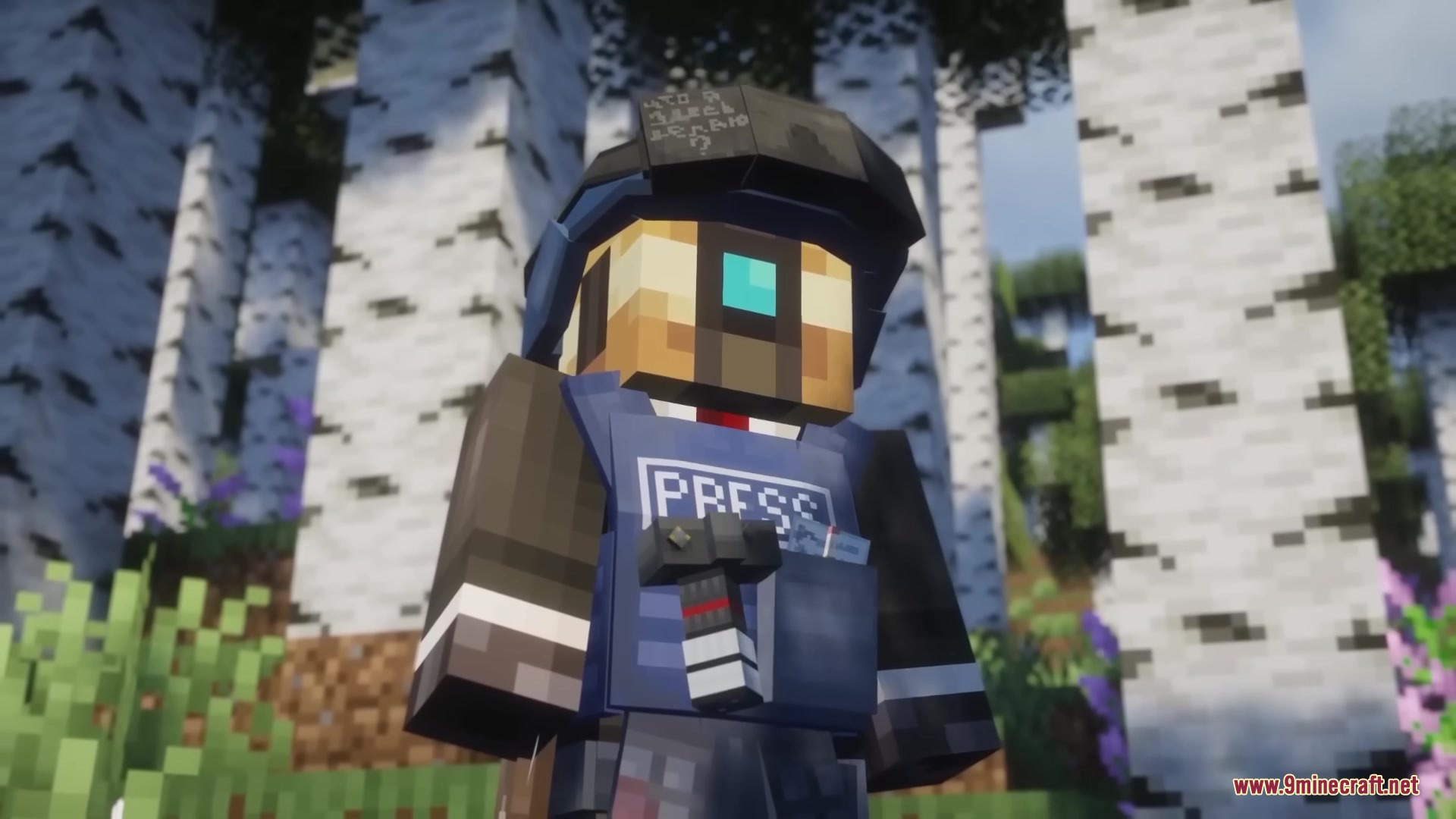 Brimm Armors Tactical Military Armors Mod Screenshot 8 Minecraft character wearing a blue press tactical vest and helmet in a forest