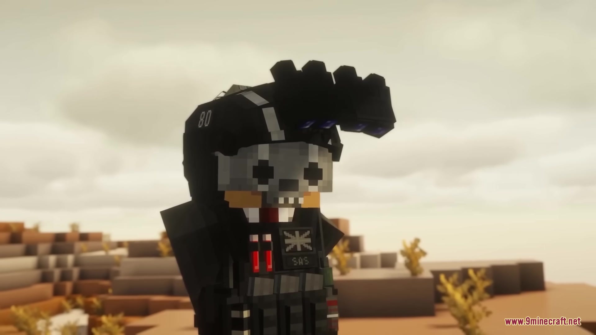 Brimm Armors Tactical Military Armors Mod Screenshot 9 A Minecraft character wearing SAS tactical gear and a skull mask in a desert