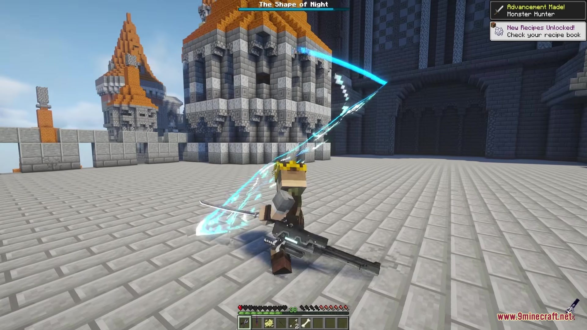 Player wielding a sword and heavy weapon in a stone courtyard arena