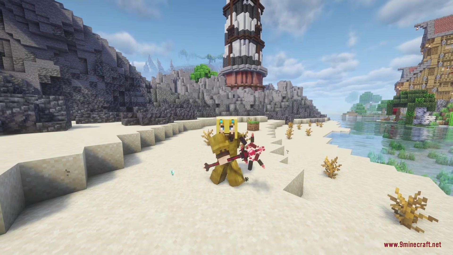 Player in yellow armor holding a spiked mace on a sandy beach