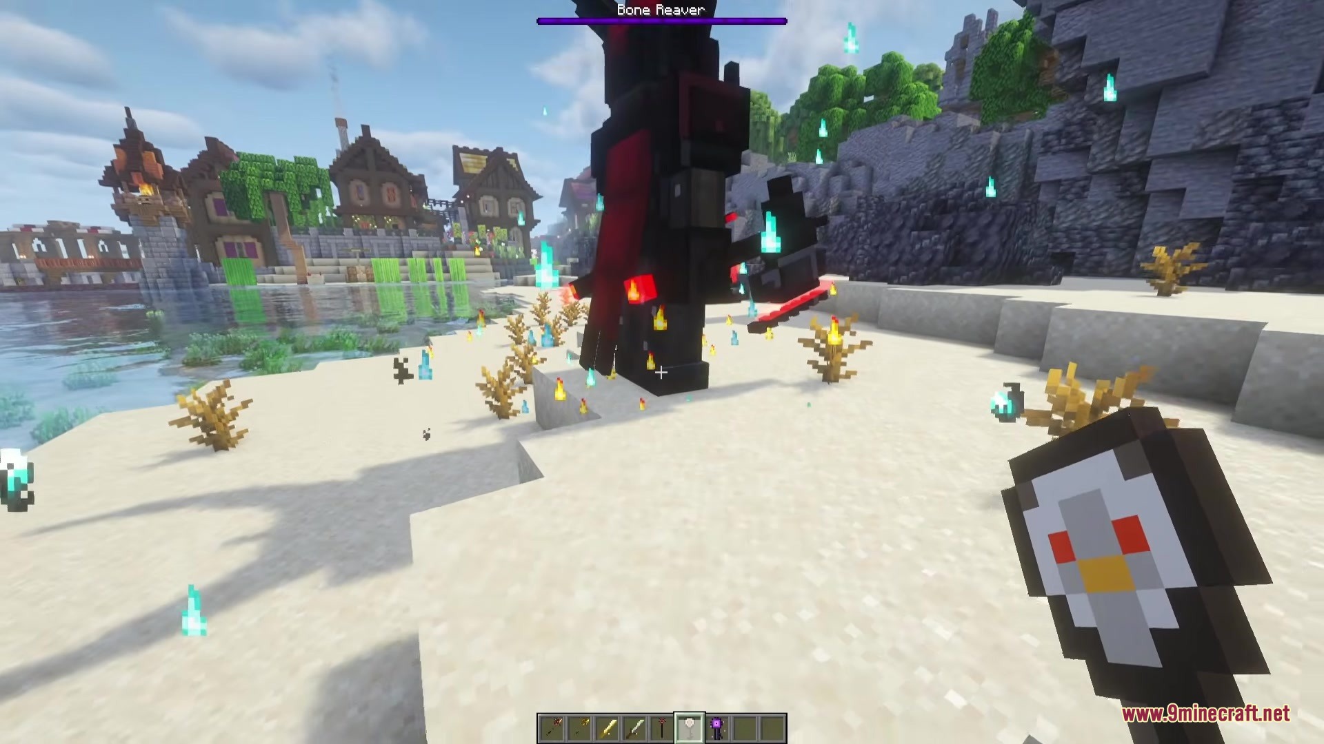 A player faces the Bone Reaver boss while holding a magical penguin item