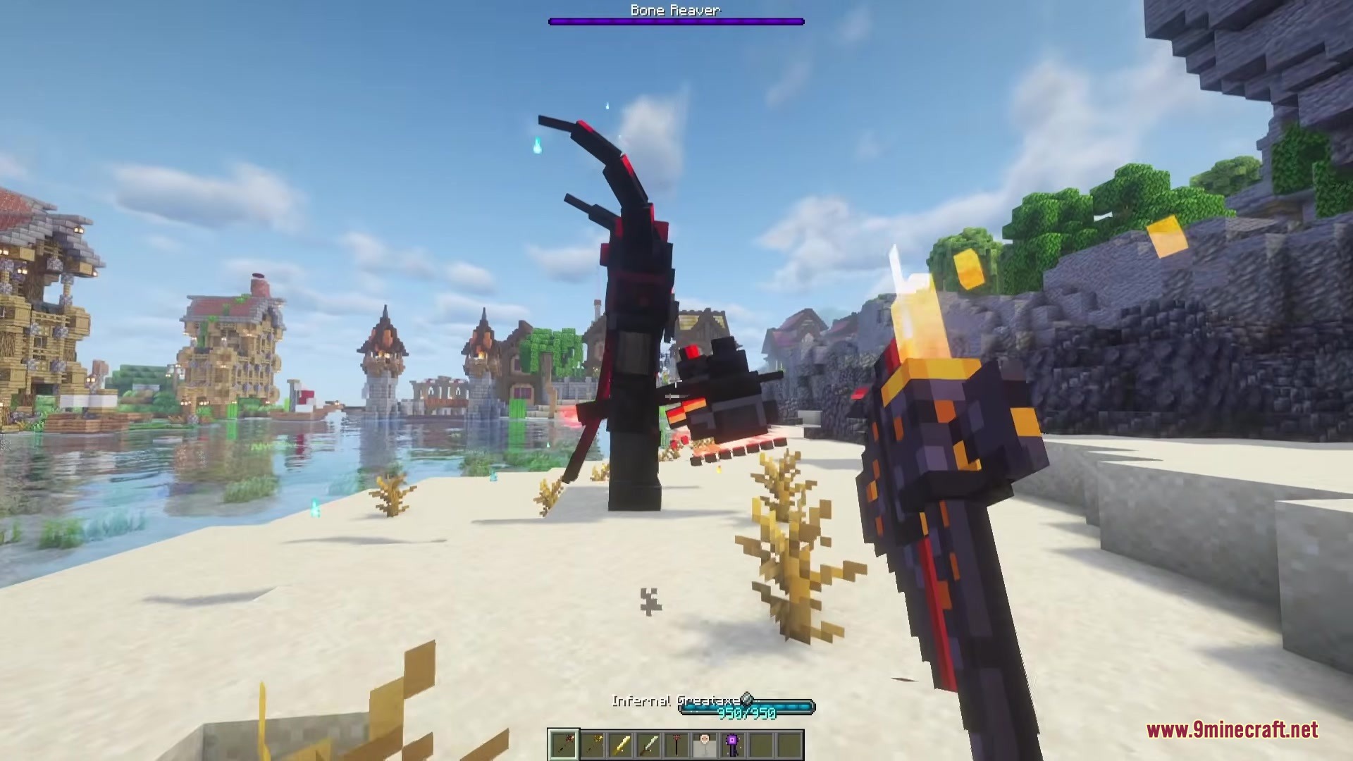 Player wielding an Infernal Greataxe against the Bone Reaver boss on the beach