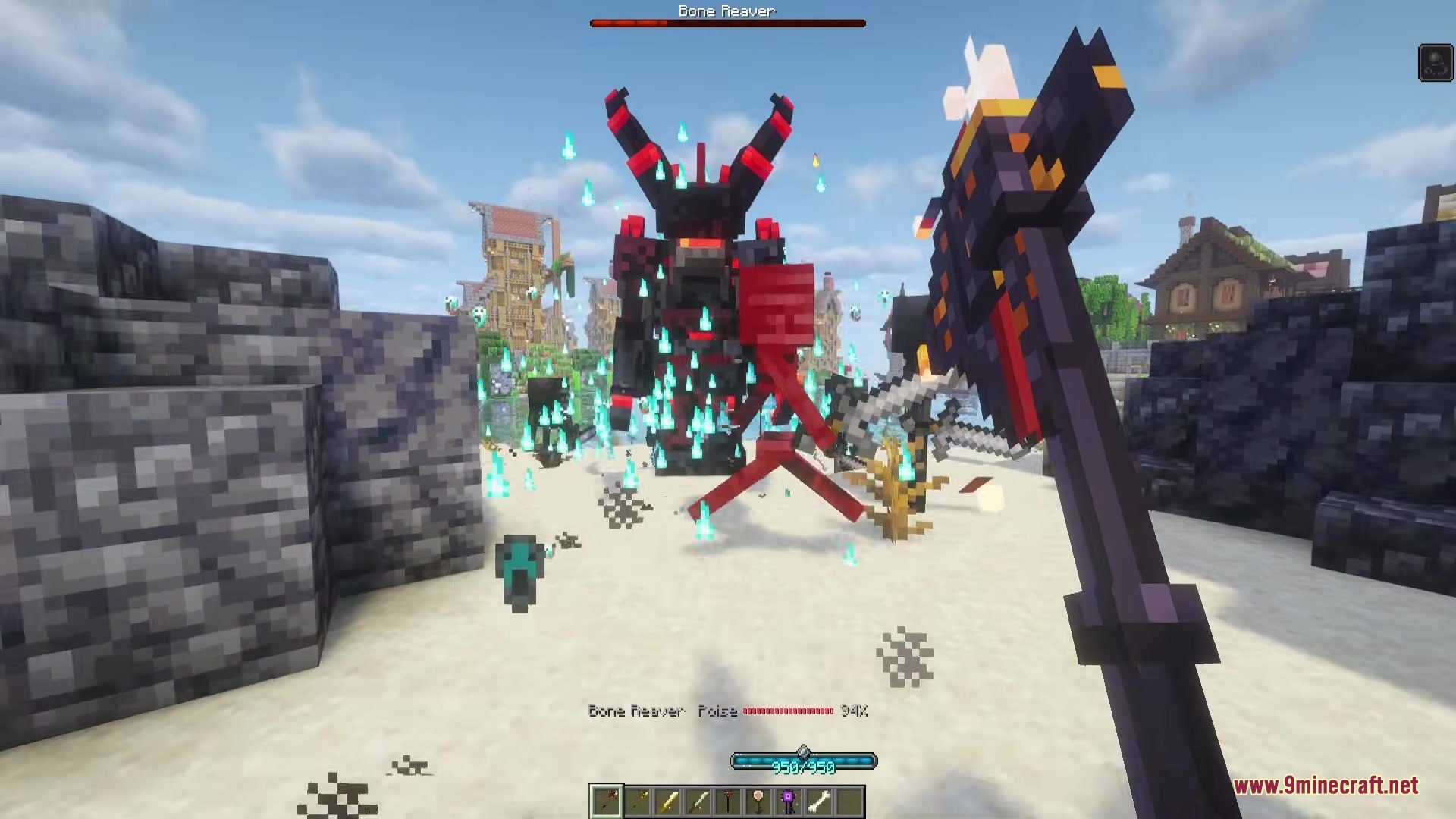 Player wielding a dark staff against the Bone Reaver boss in Minecraft