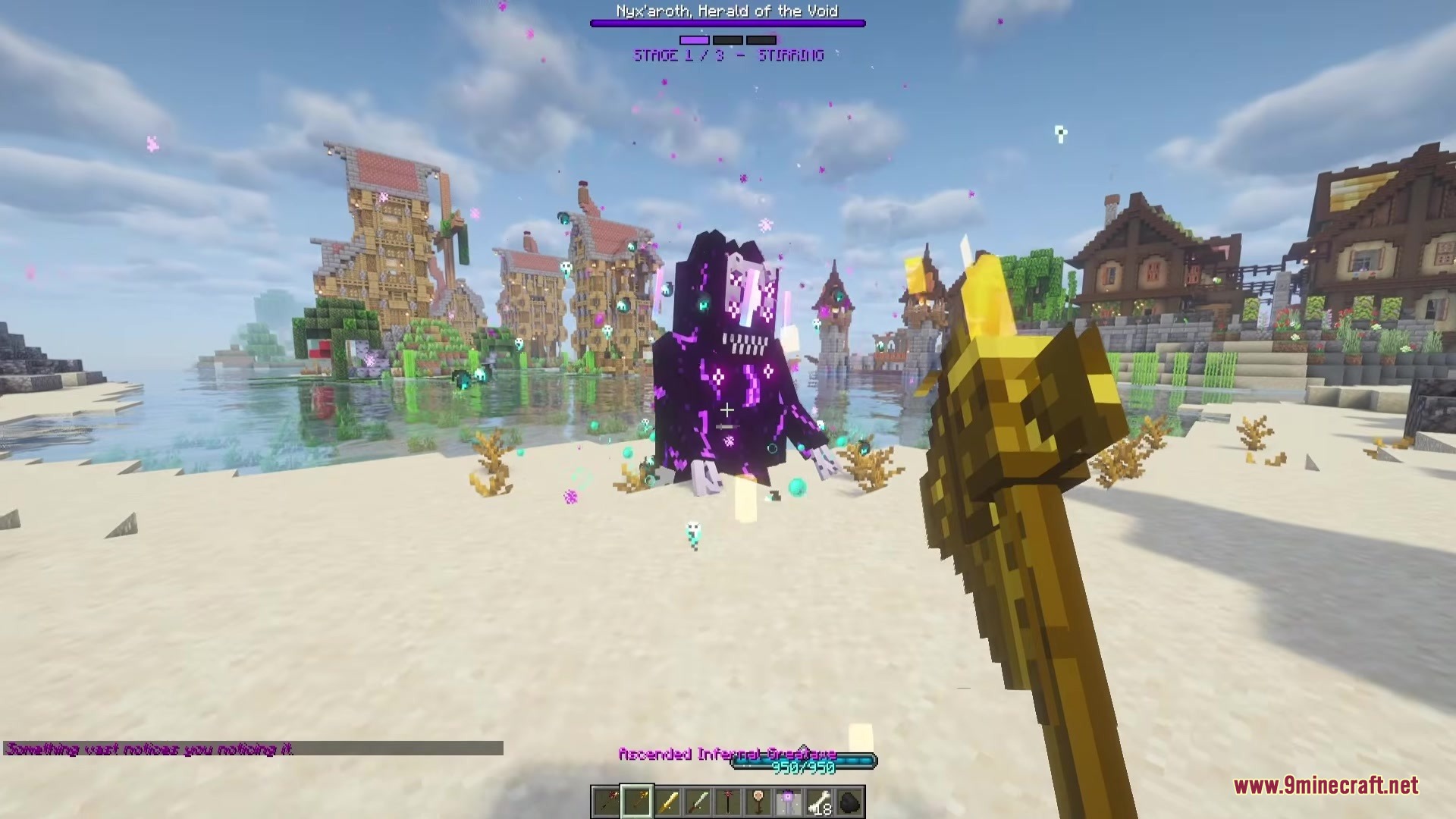 Player confronting Nyxaroth Herald of the Void with a golden magical staff