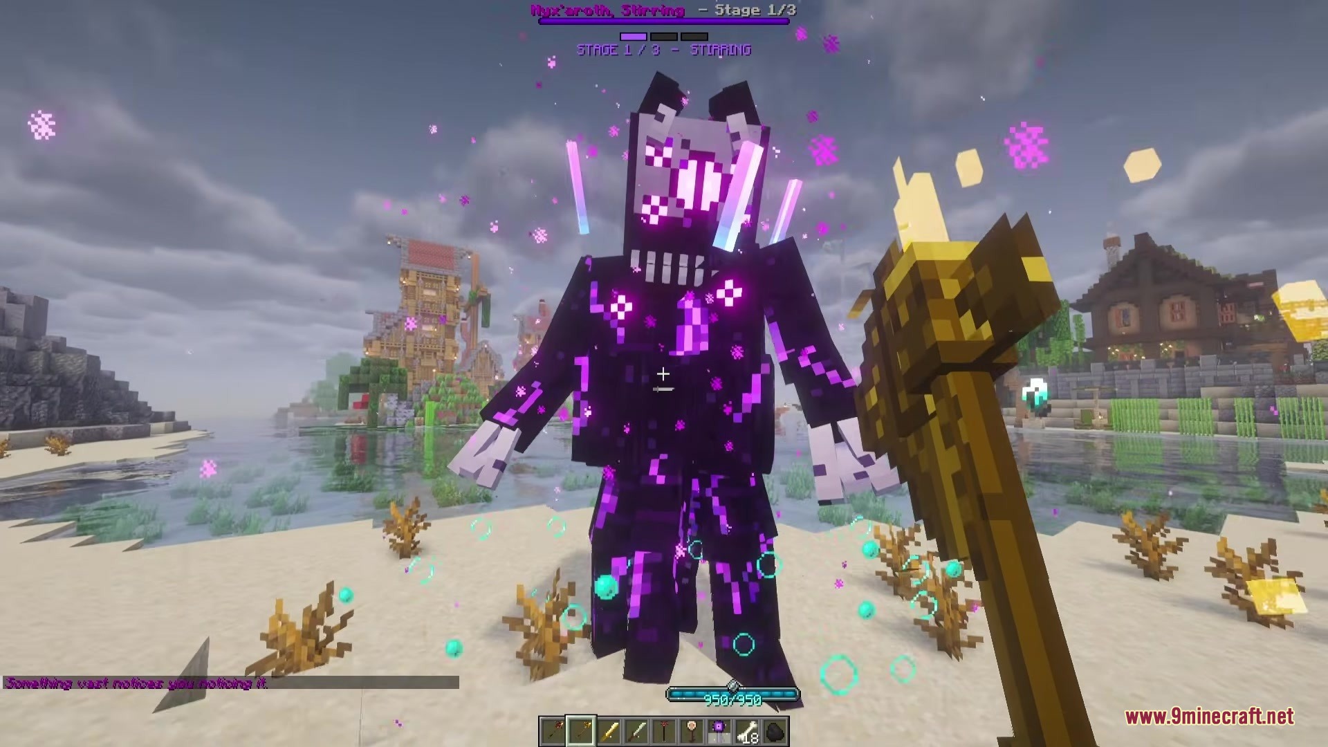 Player confronting a giant purple magical boss on a sandy beach