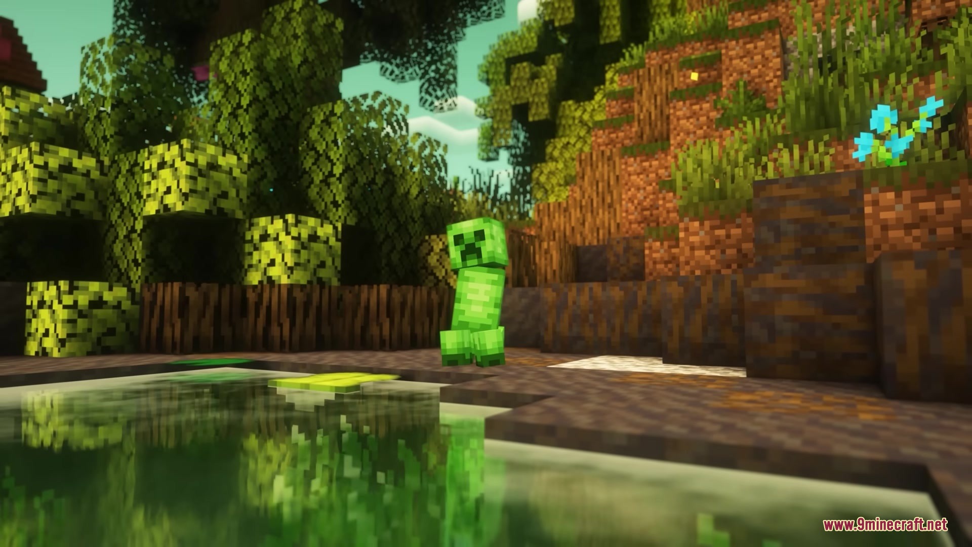 Brush and Juice Resource Pack Screenshot 2 A green Creeper stands near a pond in a vibrant forest environment