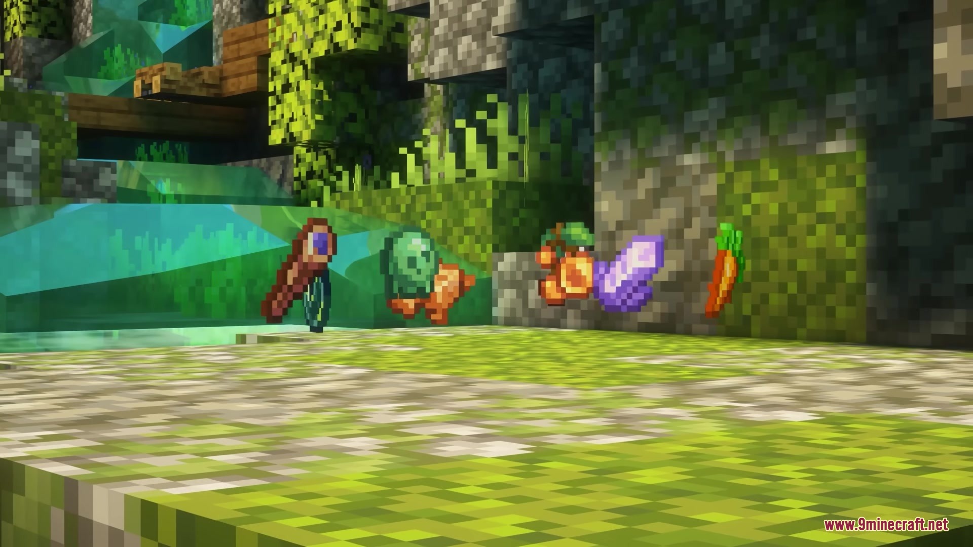 Brush and Juice Resource Pack Screenshot 5 Redesigned items like a spyglass and carrot float in a lush mossy area