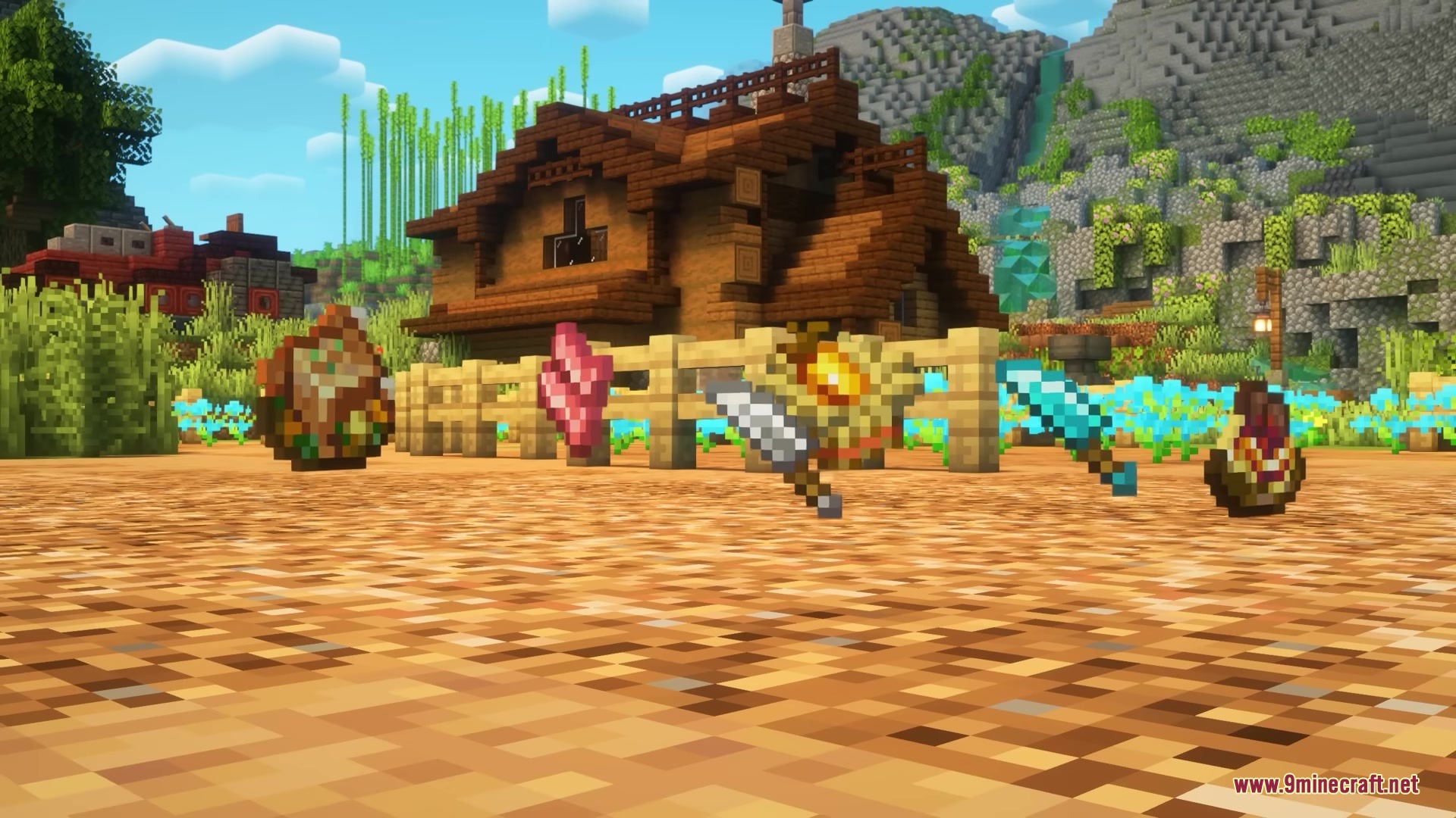 Brush and Juice Resource Pack Screenshot 6 Custom swords and food items float in front of a rustic wooden house