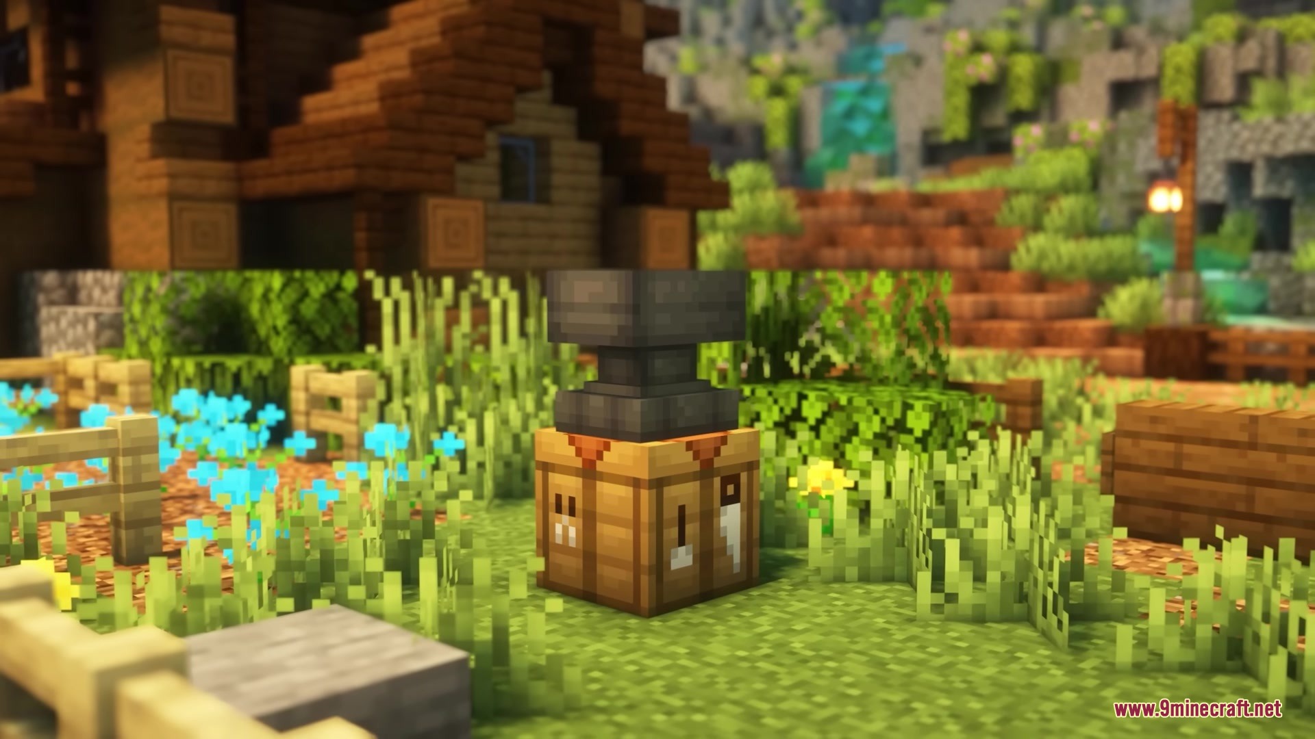 Brush and Juice Resource Pack Screenshot 8 An anvil sits on a redesigned block in a lush garden setting