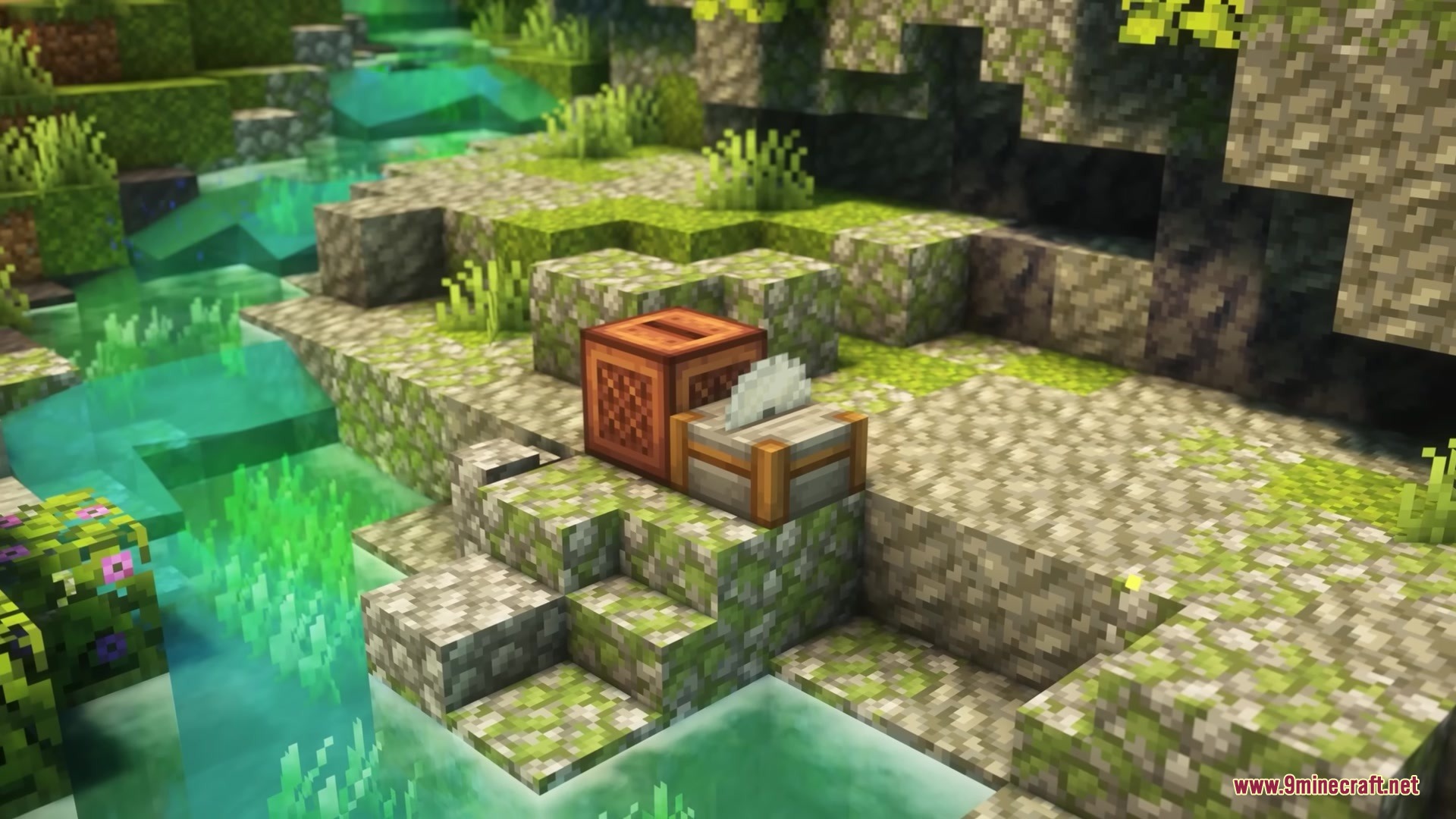 Brush and Juice Resource Pack Screenshot 9 A jukebox and stonecutter with custom textures sitting on mossy cobblestone blocks