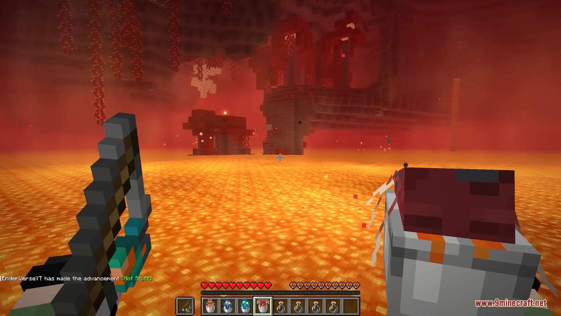 Bucket'Em Mod Screenshot 3 Player riding a strider on lava while holding a strider in a bucket