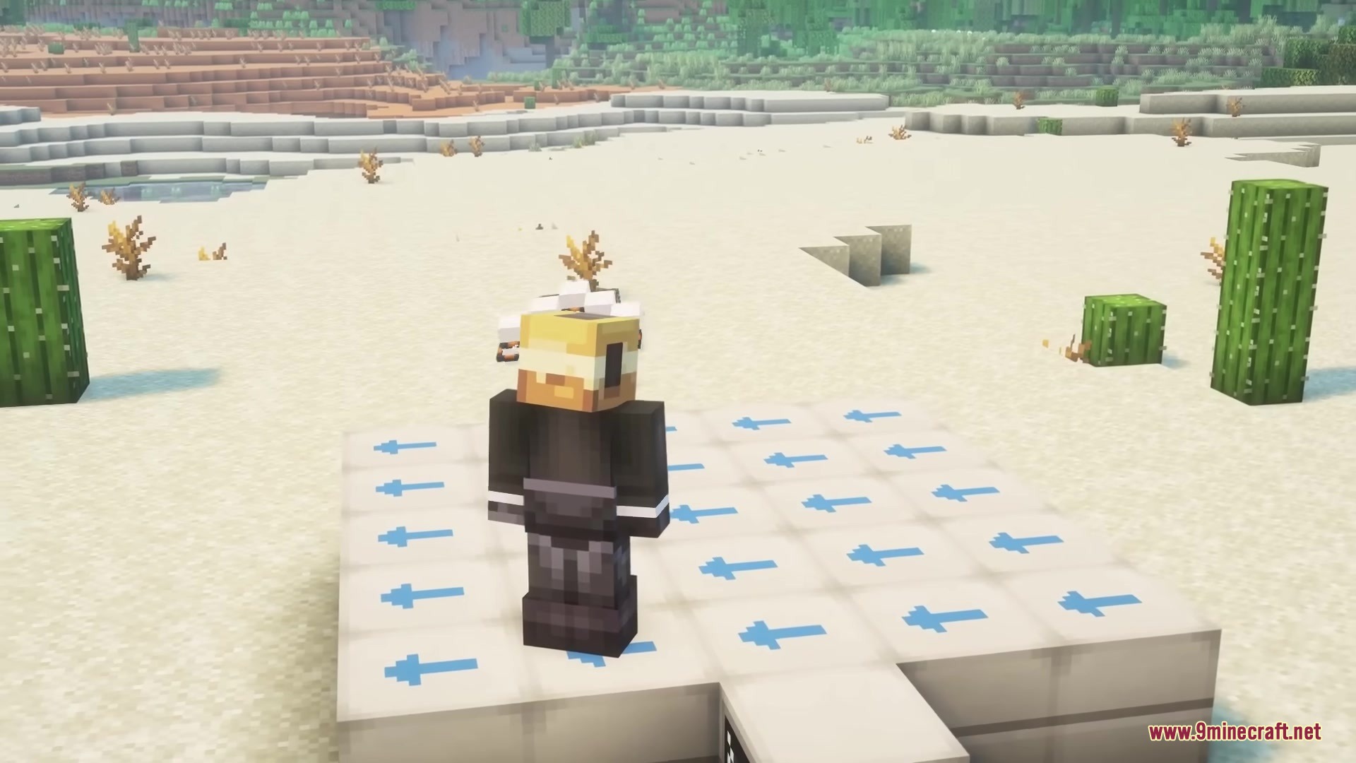 Buddy Drones Mod Screenshot 10 A player stands on white blocks with blue arrows and a hovering drone