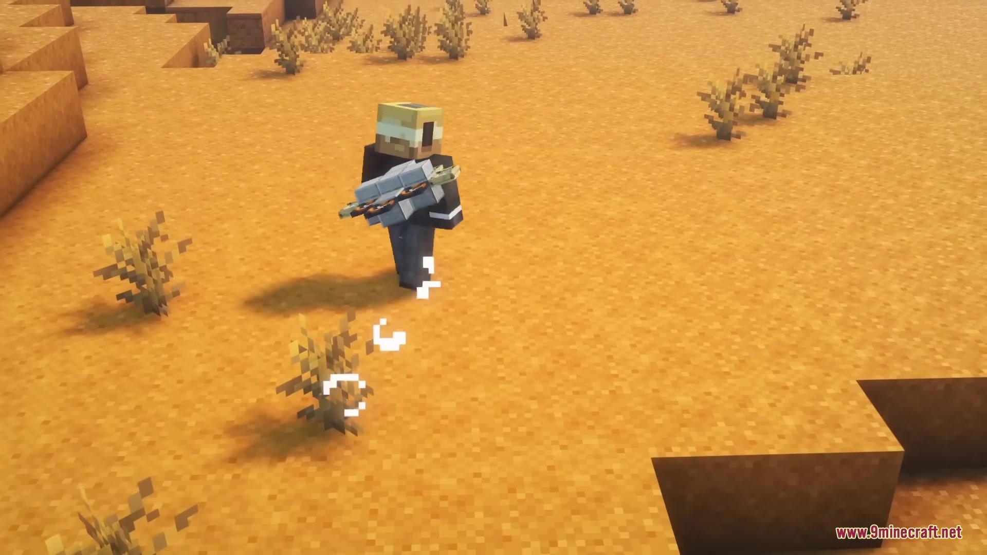 Buddy Drones Mod Screenshot 11 A player walks through a desert with a small flying drone following behind