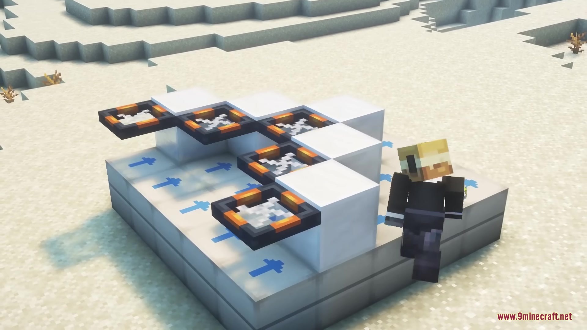 Buddy Drones Mod Screenshot 12 A player stands beside a custom drone built with white blocks and rotors
