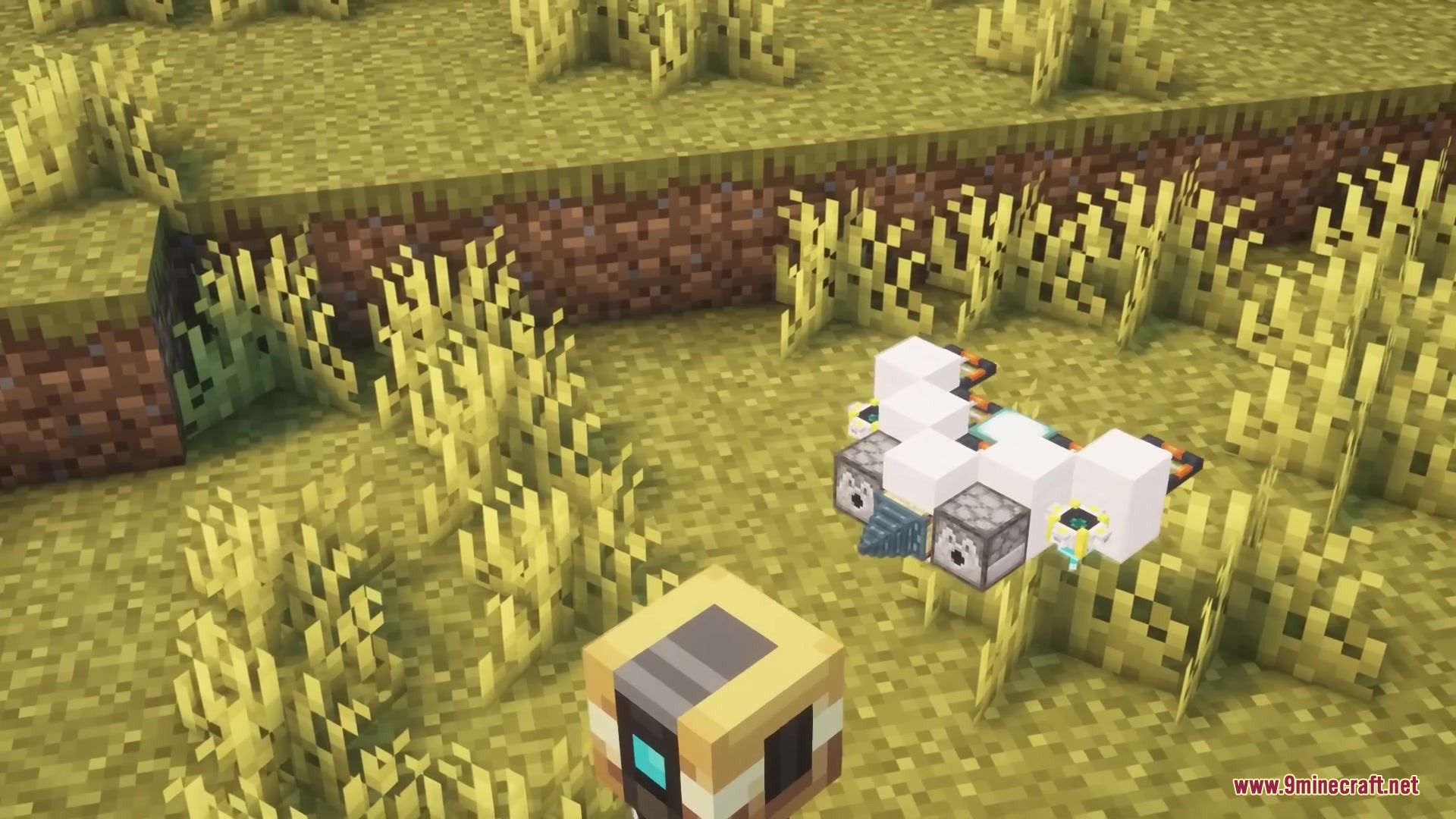 Buddy Drones Mod Screenshot 13 A custom drone built with white blocks and dispensers hovering in the grass