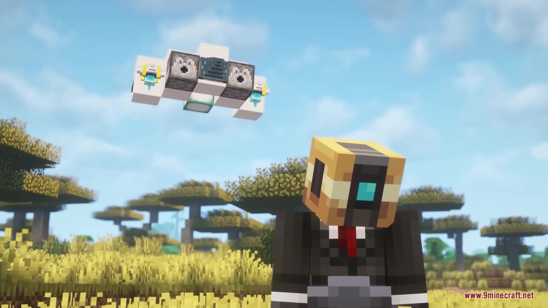 Buddy Drones Mod Screenshot 2 A small blocky drone with dispensers follows a player through a savanna biome