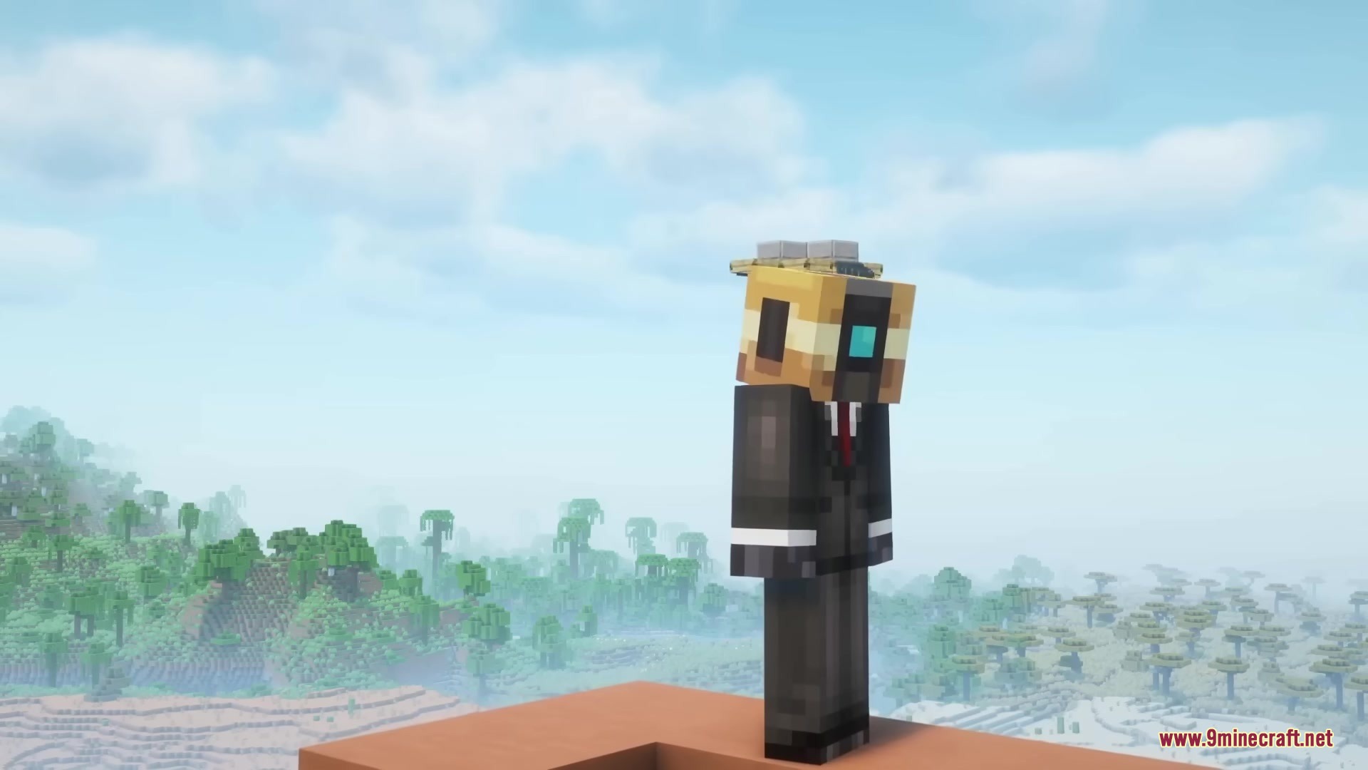 Buddy Drones Mod Screenshot 3 A Minecraft character in a suit with a custom drone on their head
