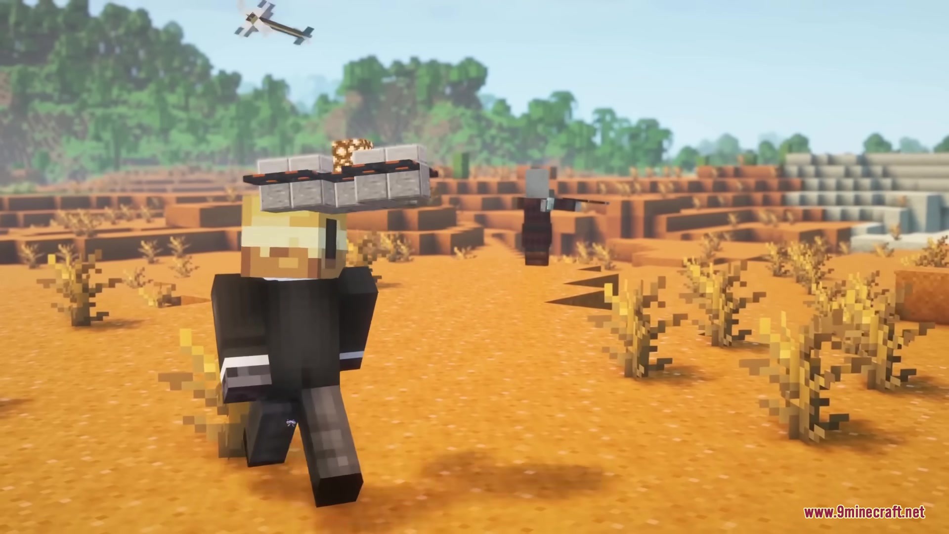 Buddy Drones Mod Screenshot 5 A Minecraft player walks through a desert with a small hovering drone