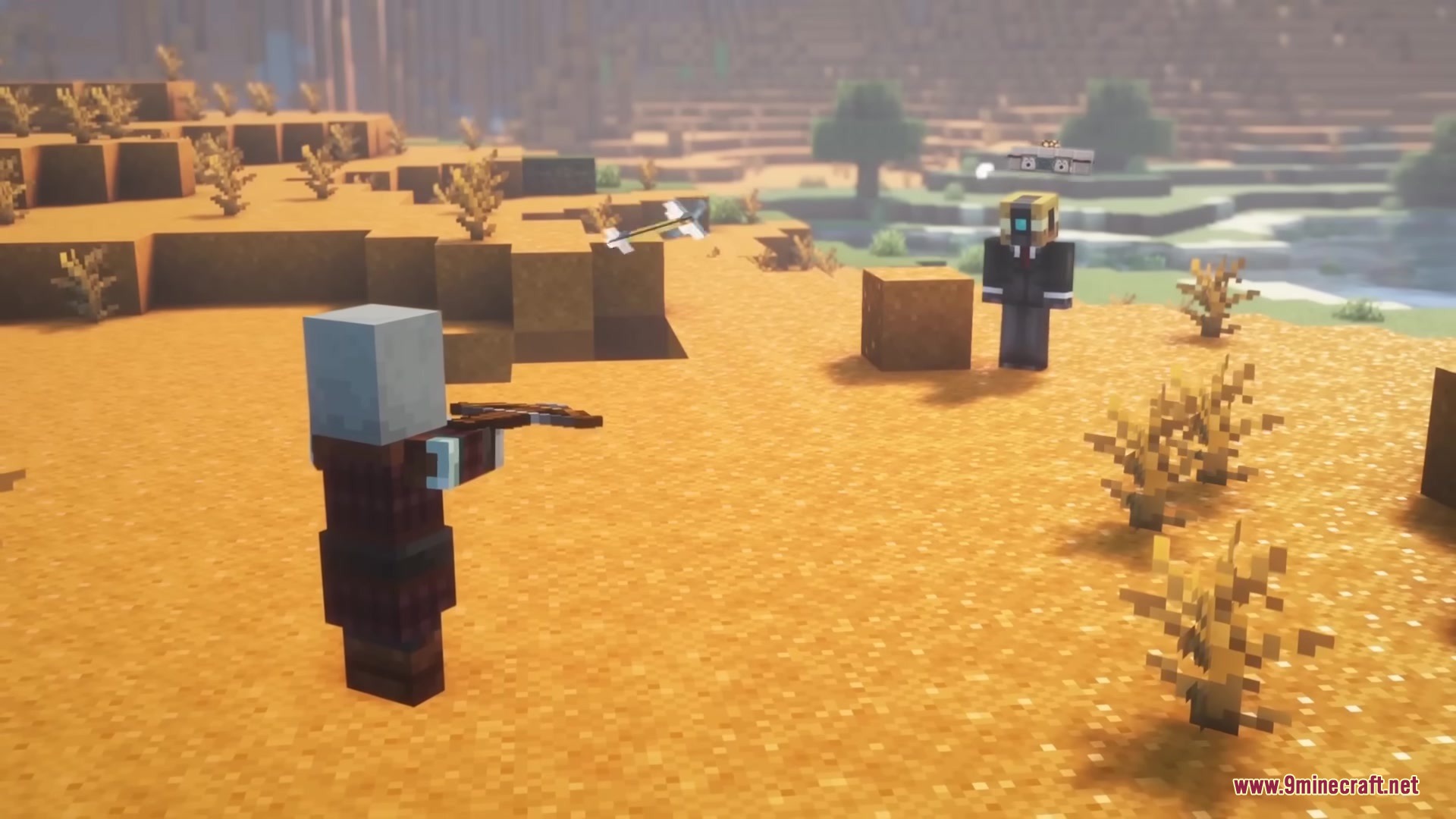 Buddy Drones Mod Screenshot 9 A Pillager fires a crossbow at a player defended by a Buddy Drone