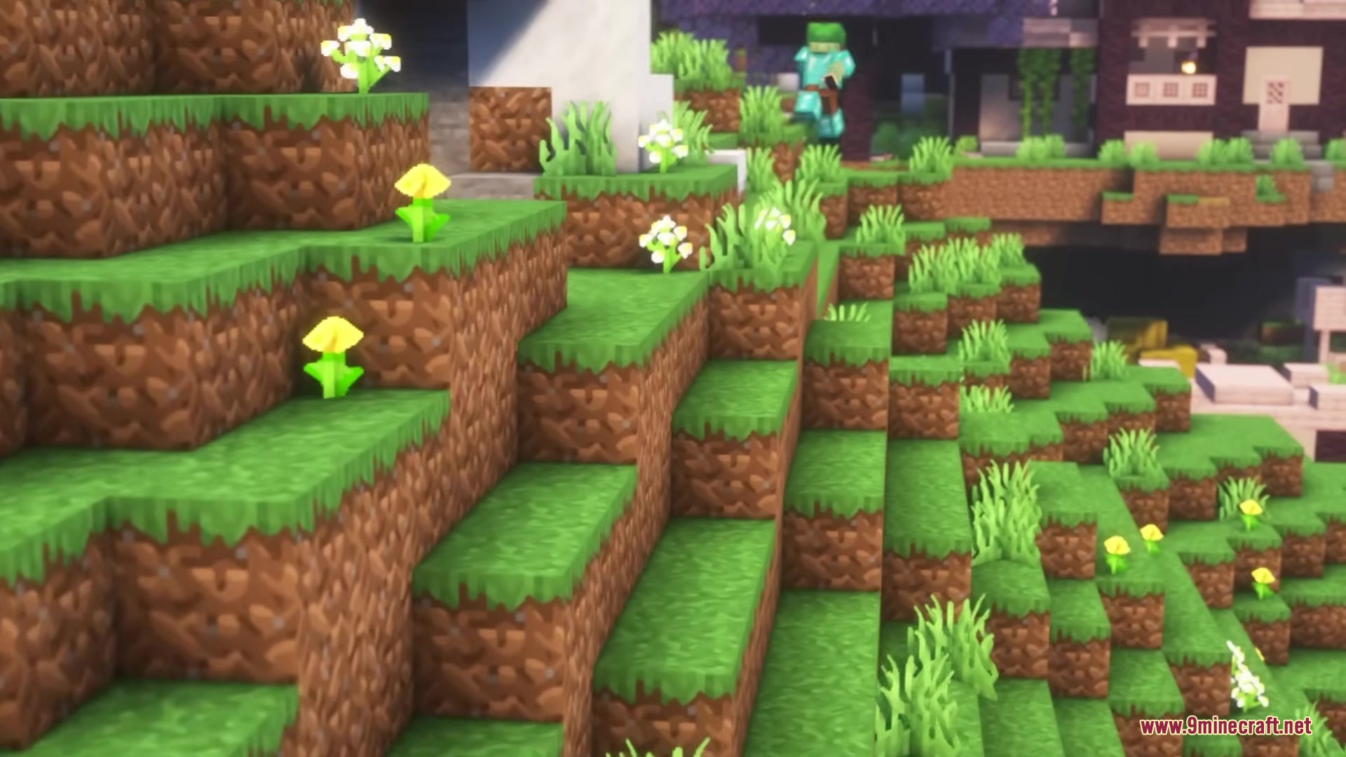 Buko's Enchantment Tips Resource Pack Screenshot 1 Close up of smooth grass blocks and flowers on a sunny hill