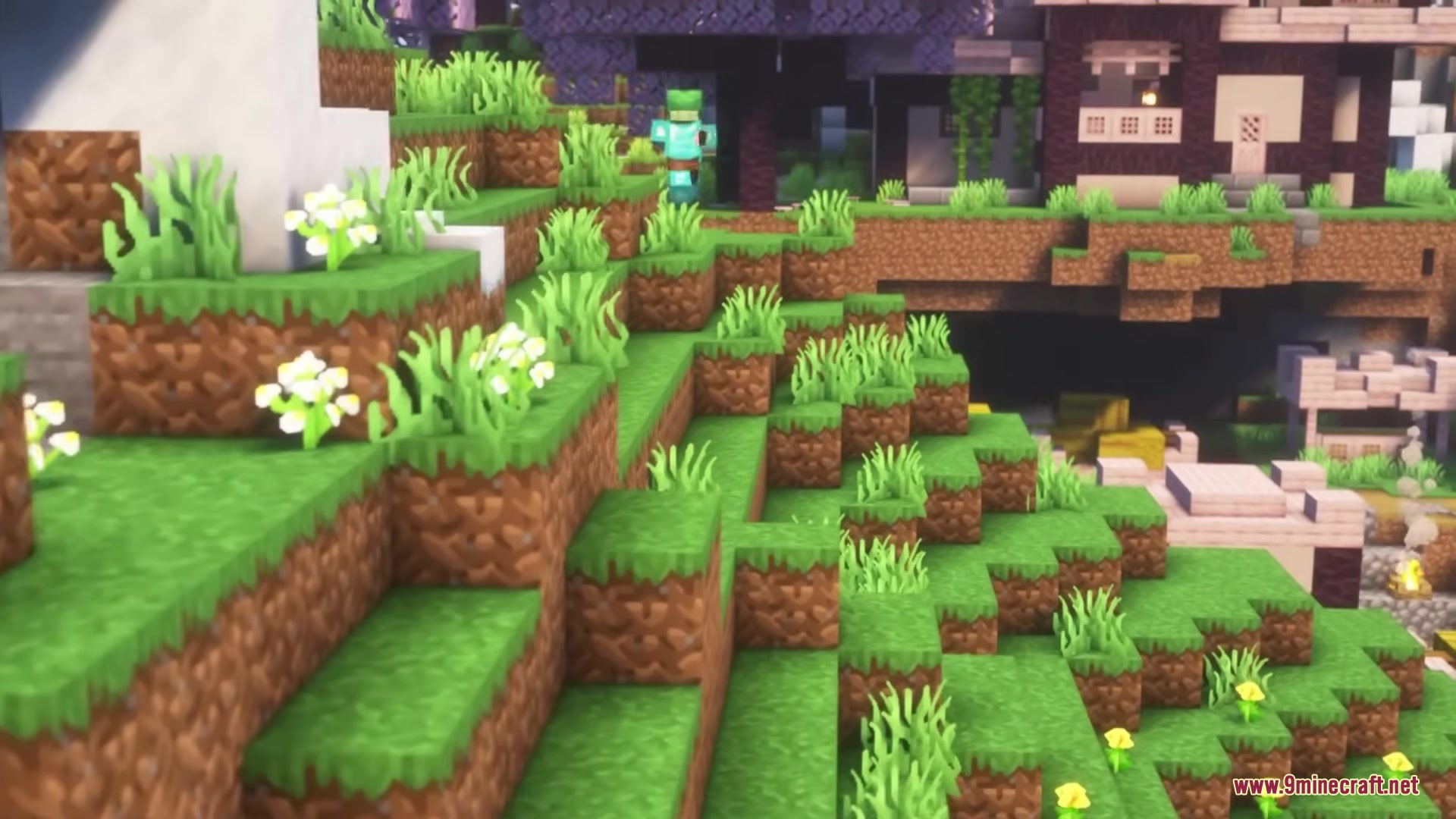 Buko's Enchantment Tips Resource Pack Screenshot 2 Vibrant green grass and flowers covering a hillside with a house behind