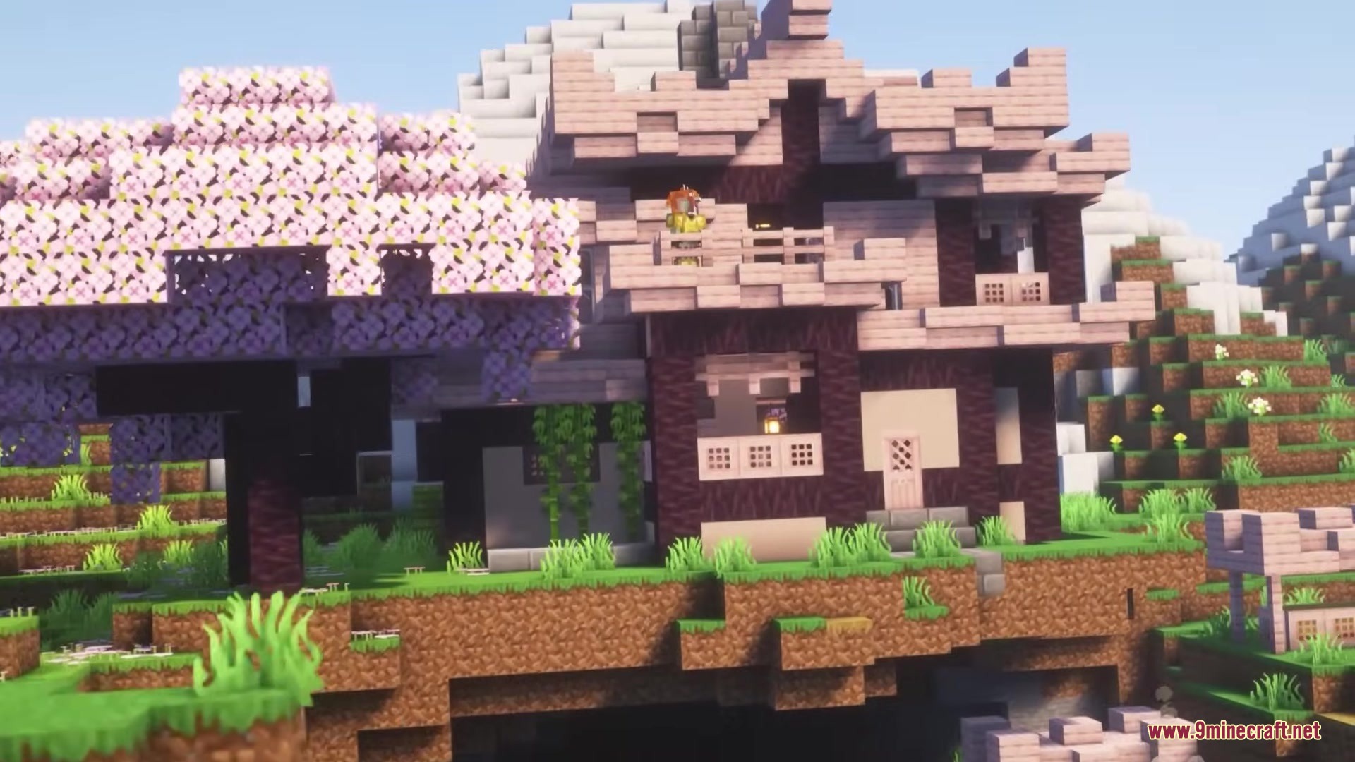 Buko's Enchantment Tips Resource Pack Screenshot 3 Japanese style house built on a cliff next to cherry blossom trees